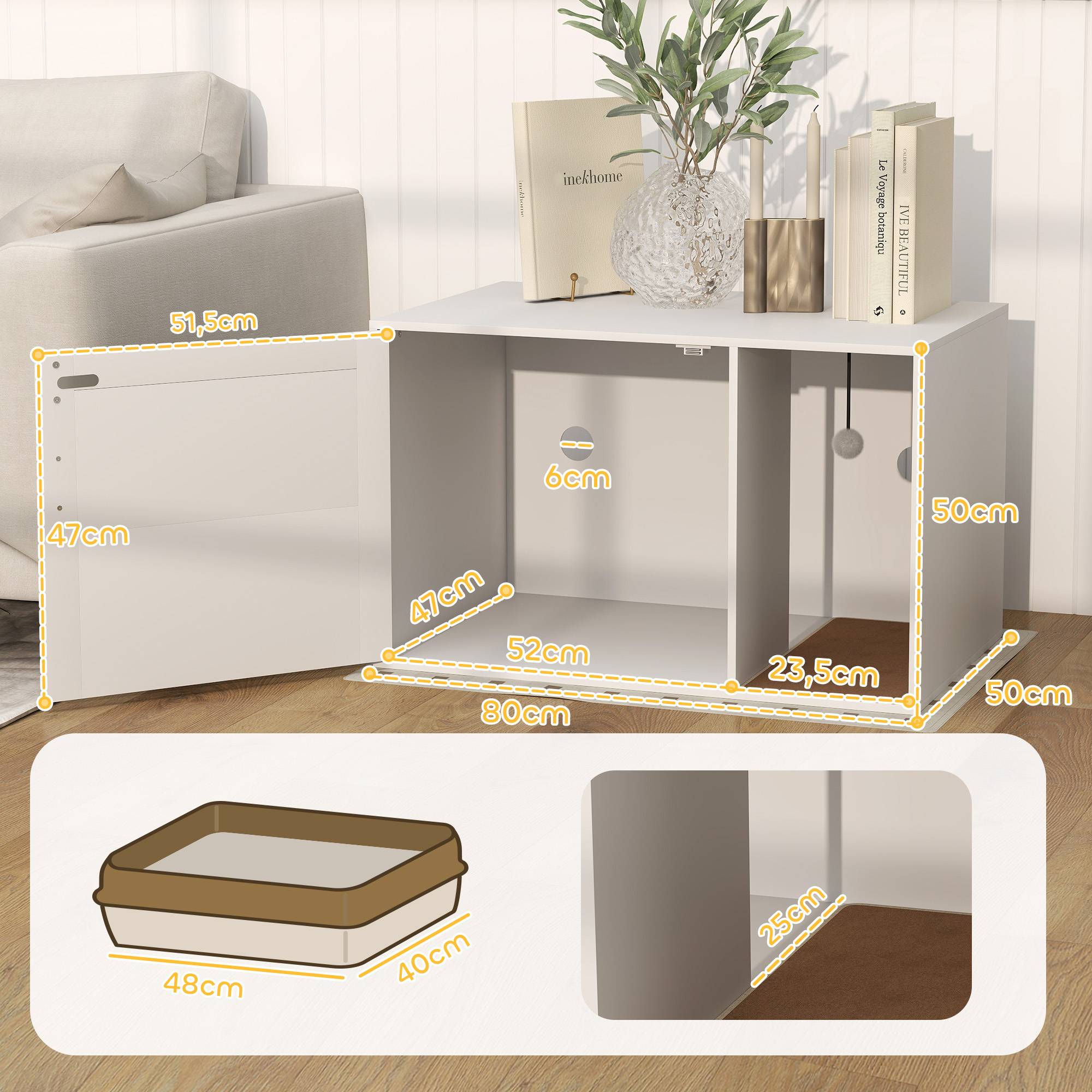 Maison de toilette chat meuble litière pour chat tapis griffoir porte avec poignées style bohème 80 x 50 x 50 cm blanc - Image 5