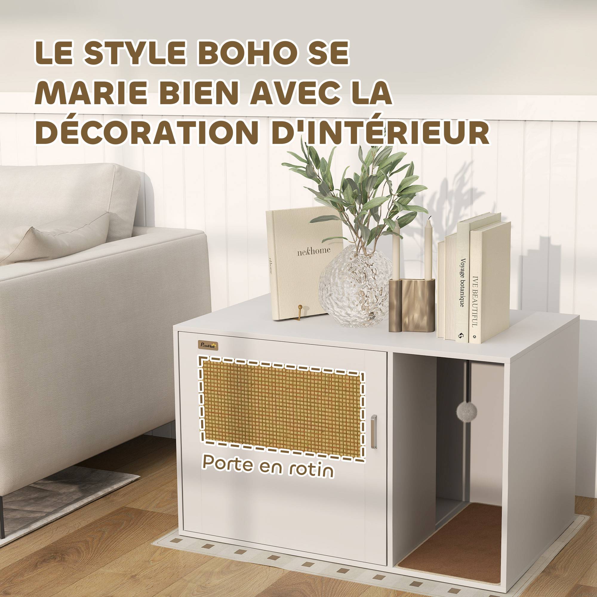 Maison de toilette chat meuble litière pour chat tapis griffoir porte avec poignées style bohème 80 x 50 x 50 cm blanc - Image 8