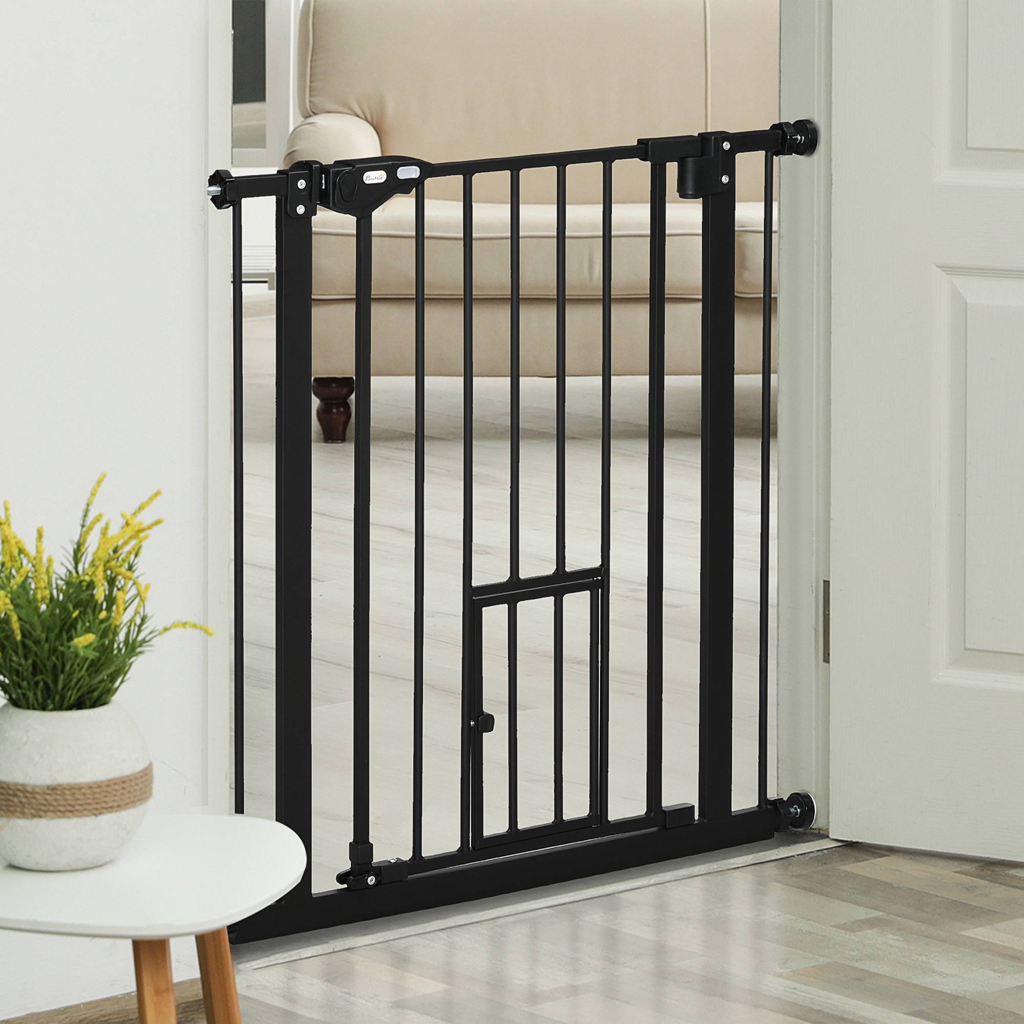 Barrière de sécurité extensible avec petite porte, fermeture automatique et double verrouillage, 74-80 x 76,2 cm, noire - Image 4