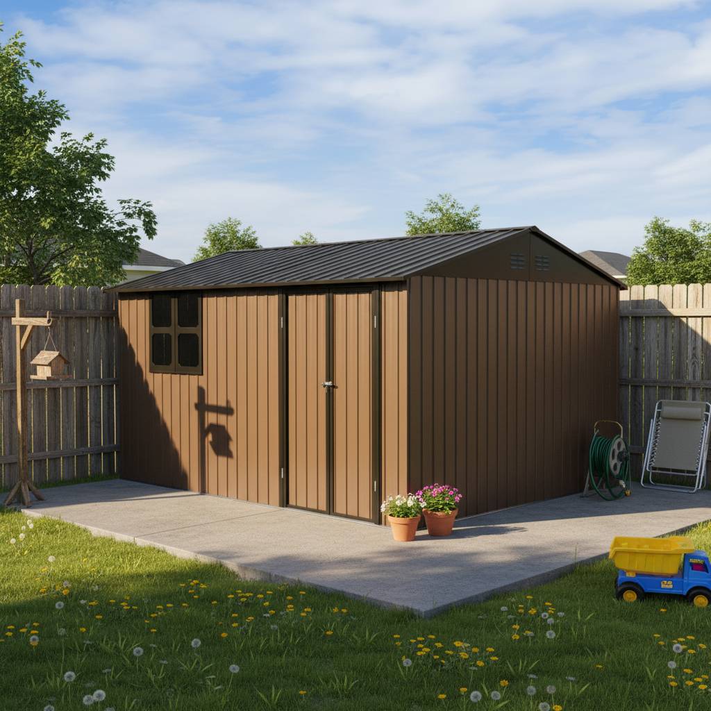Abri de jardin métal extérieur rangement avec fenêtre et étagères 10m2 marron - ComfortXL Outdoor Living - Image 2