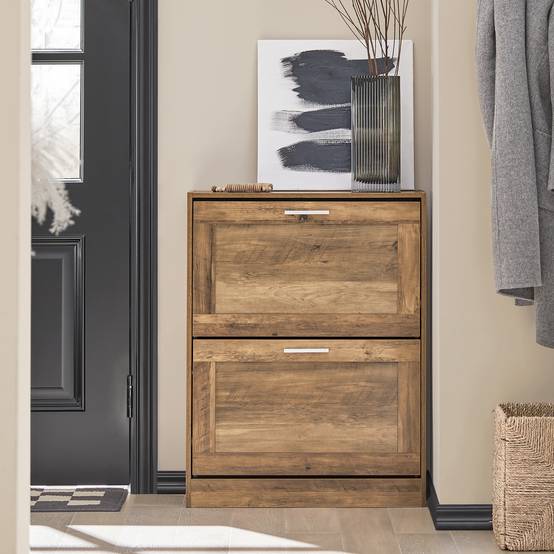 Armoire à chaussures morne en noyer et gris avec 5 étagères, 2 tiroirs, 2 portes, entrée, rangement à chaussures avec rangement riche|Homary Armoire à chaussures morne en noyer et gris avec 5 étagères, 2 tiroirs, 2 portes, entrée, rangement à chaussures avec rangement riche|Homary