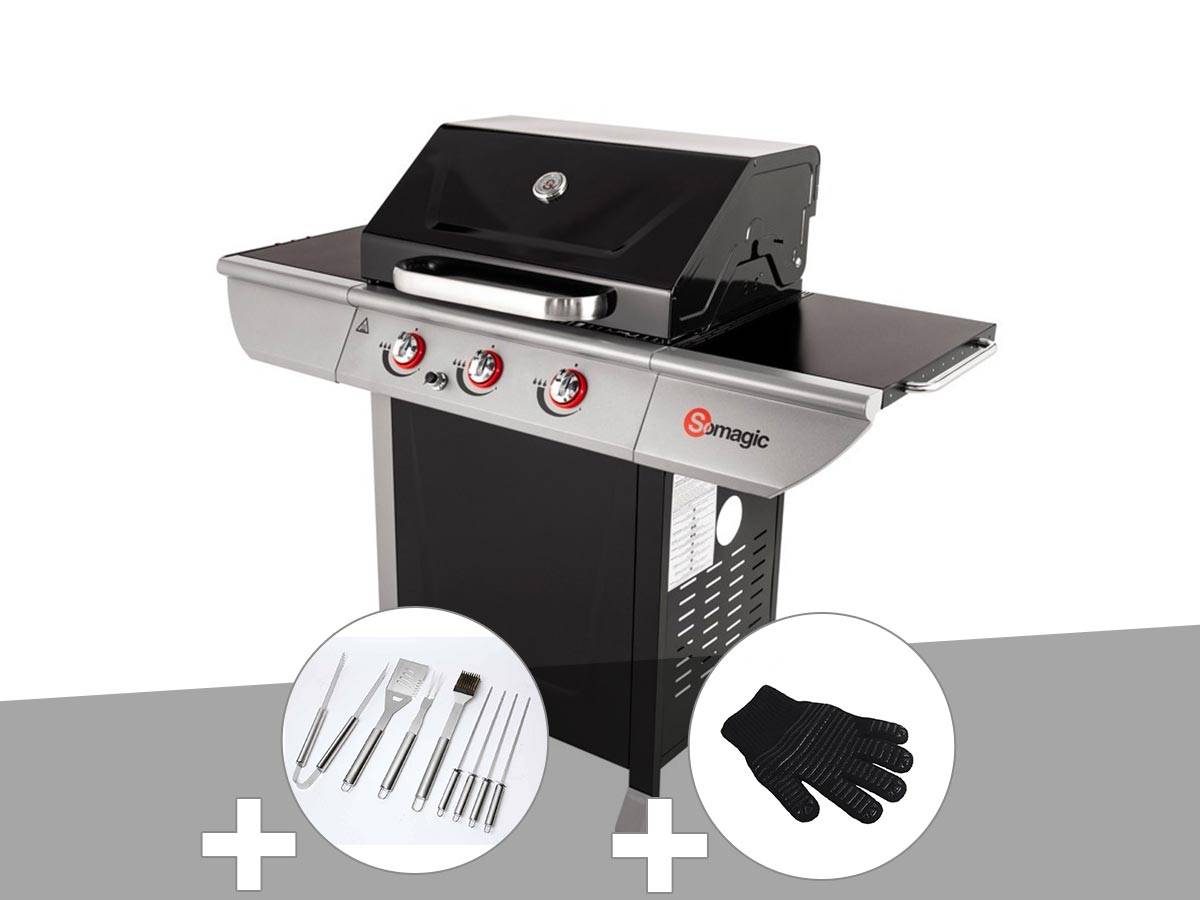 Somagic - Barbecue à gaz avec chariot 3 brûleurs Manhattan 300S - Somagic + Malette de 8 accessoires inox + Gant de protection