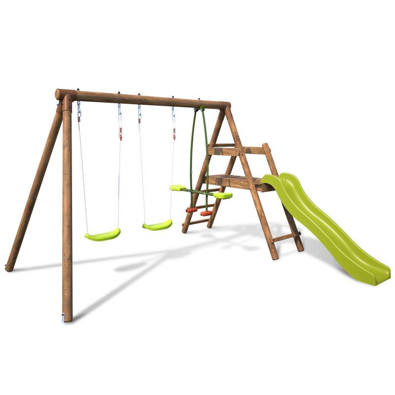 Soulet - Balançoire en bois traité 3 agrès et toboggan Figue