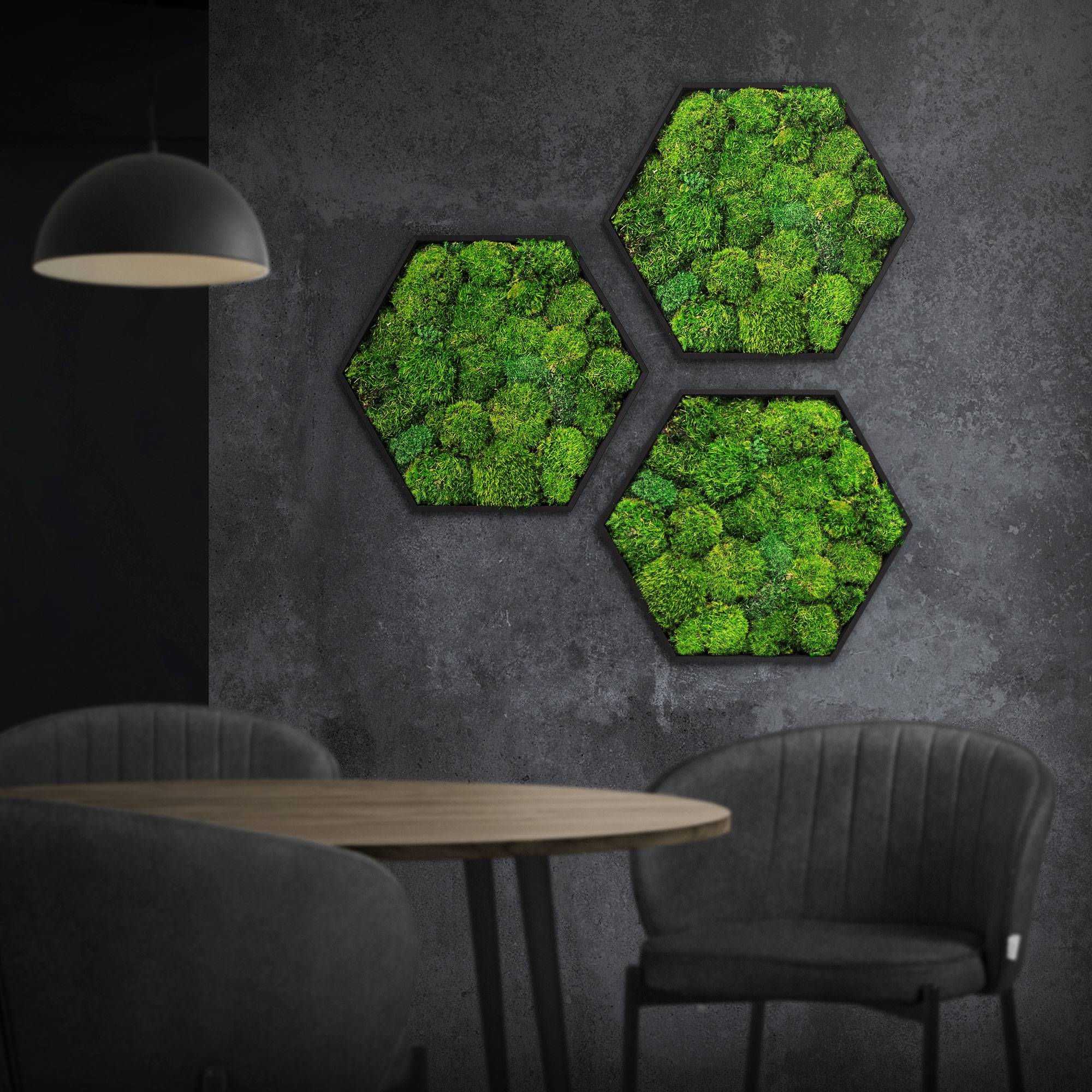 Ecd-Germany - Tableau en mousse boule stabilisée, hexagonal, 38 x 34 cm, vert, décoration murale végétale d'intérieur, cadre en bois, sans arrosage ni entretien - Image 1