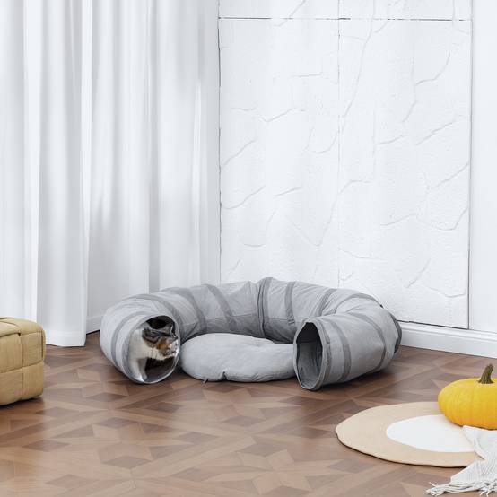 ComfortXL - Tunnel de jeu chat tissu suède lit coussin pliable intérieur 90cm gris - ComfortXL Outdoor Living - Image 4