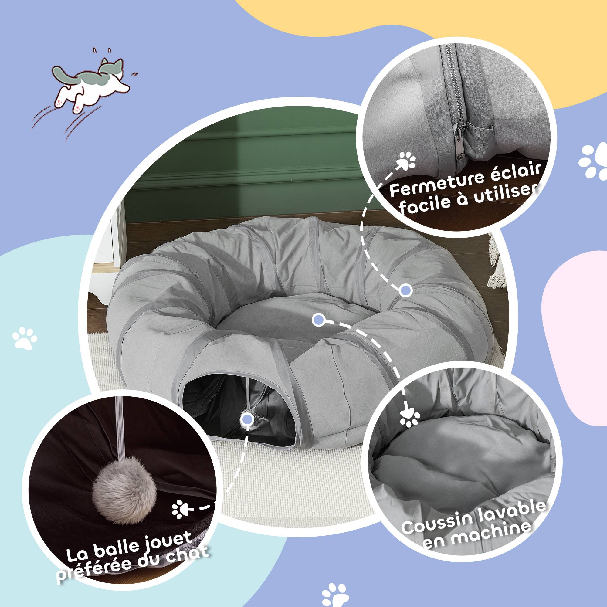 ComfortXL - Tunnel de jeu chat tissu suède lit coussin pliable intérieur 90cm gris - ComfortXL Outdoor Living - Image 9