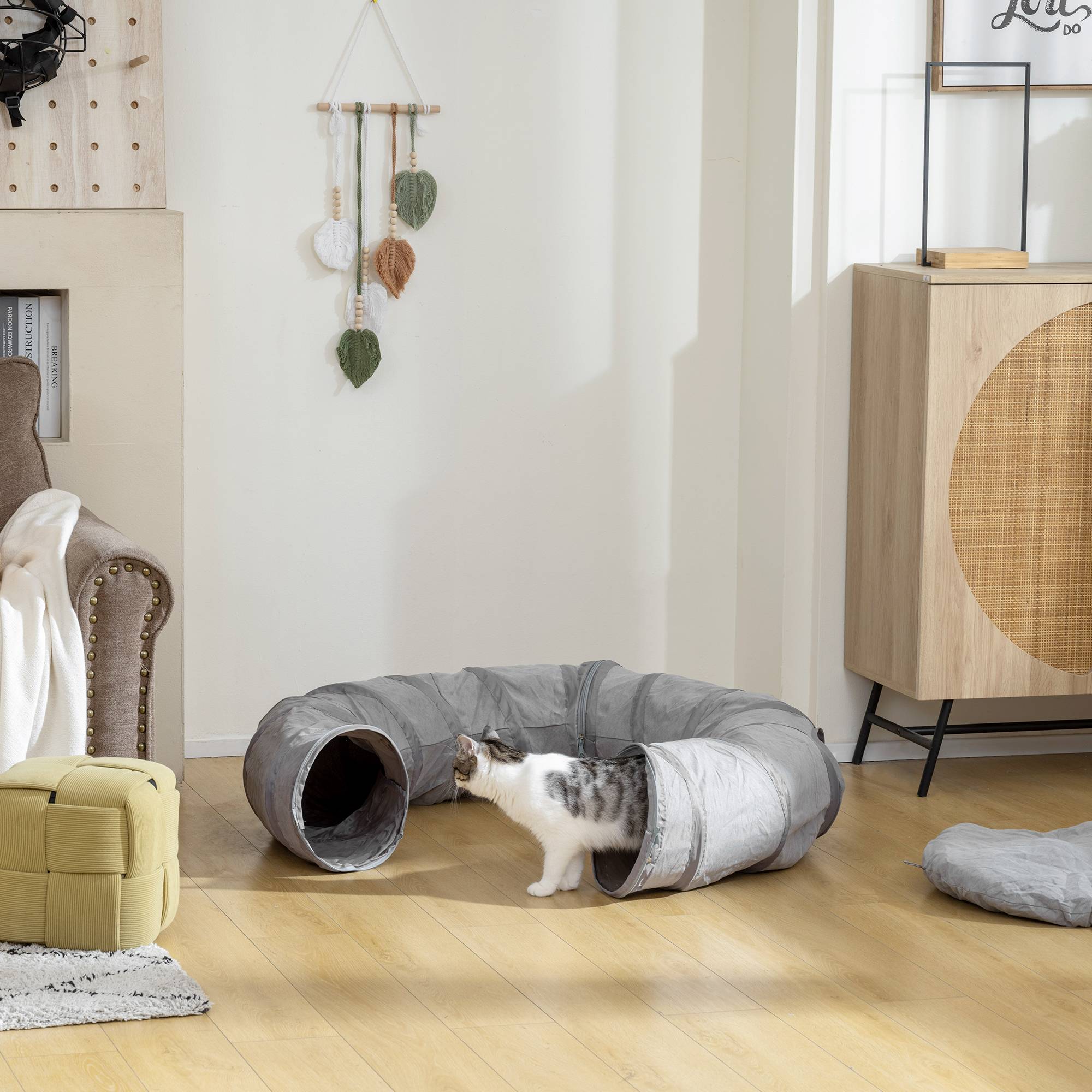 ComfortXL - Tunnel de jeu chat tissu suède lit coussin pliable intérieur 90cm gris - ComfortXL Outdoor Living - Image 10