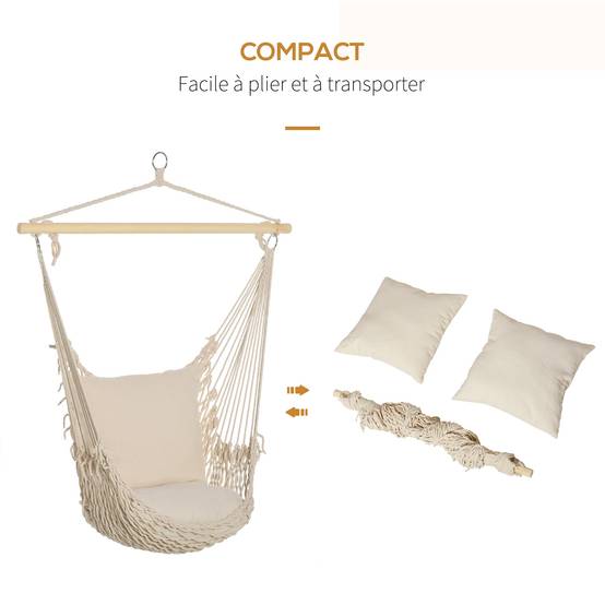 Fauteuil hamac suspendu polyester coton intérieur extérieur avec coussins inclus blanc - ComfortXL Outdoor Living - Image 9