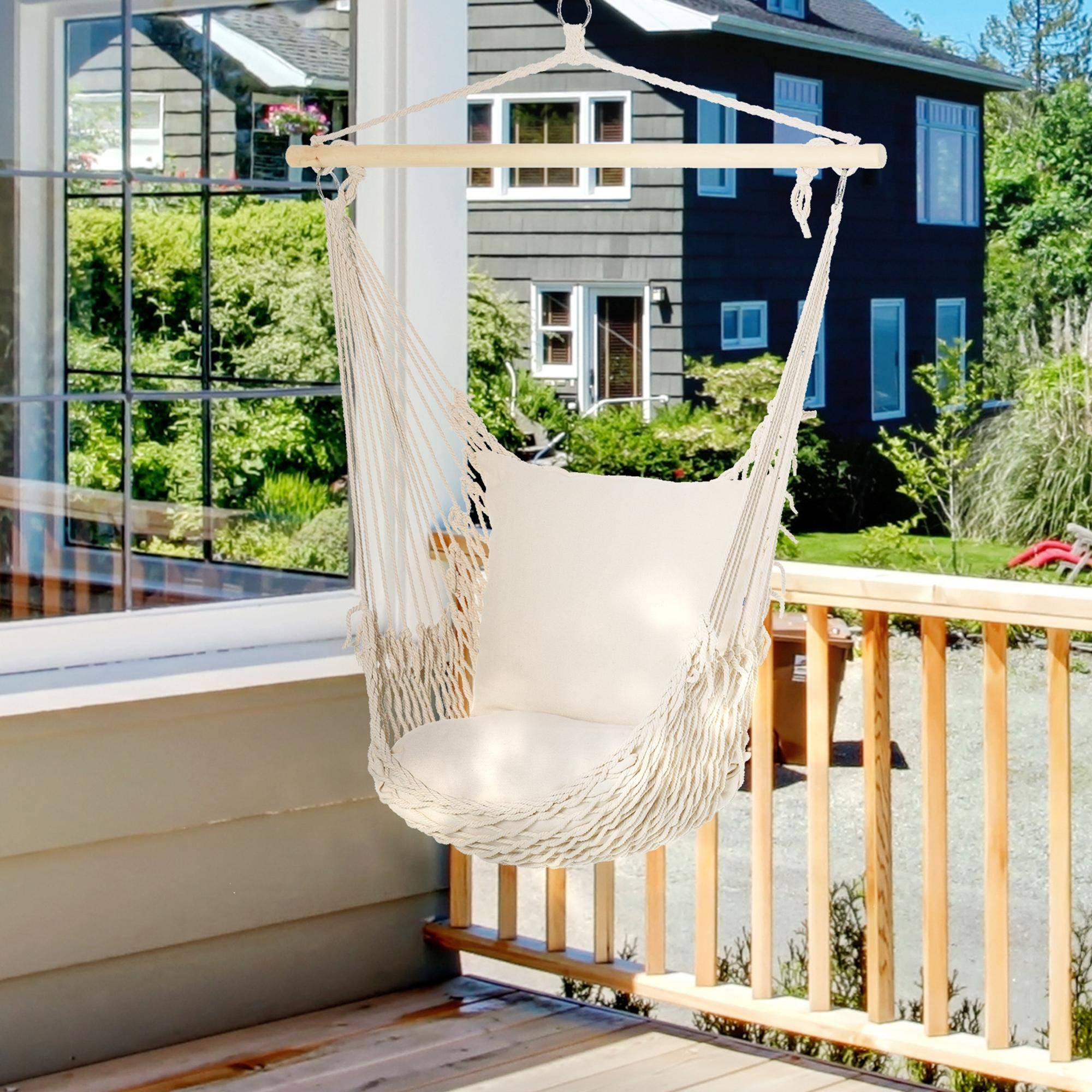 Fauteuil hamac suspendu polyester coton intérieur extérieur avec coussins inclus blanc - ComfortXL Outdoor Living - Image 4