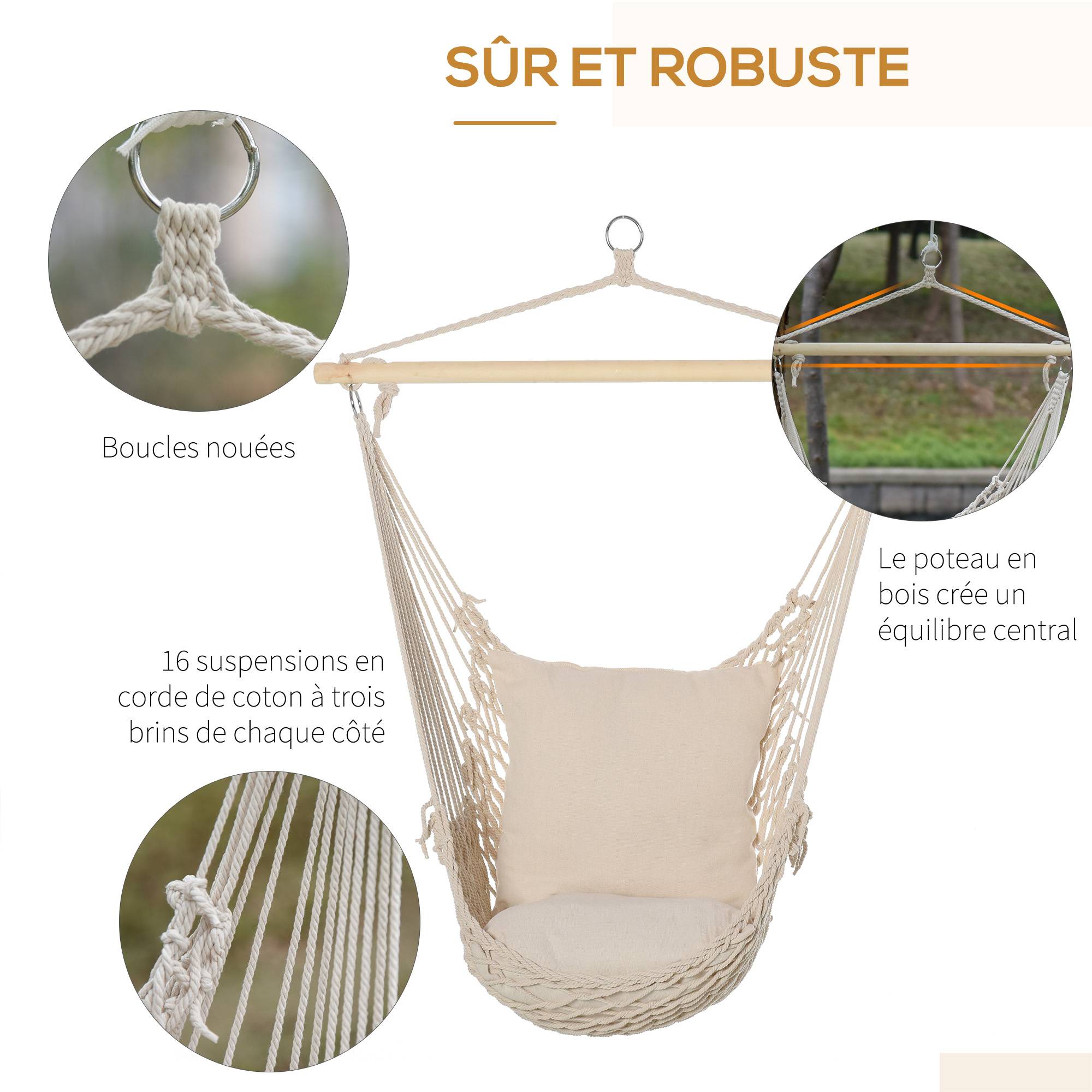 Fauteuil hamac suspendu polyester coton intérieur extérieur avec coussins inclus blanc - ComfortXL Outdoor Living - Image 8