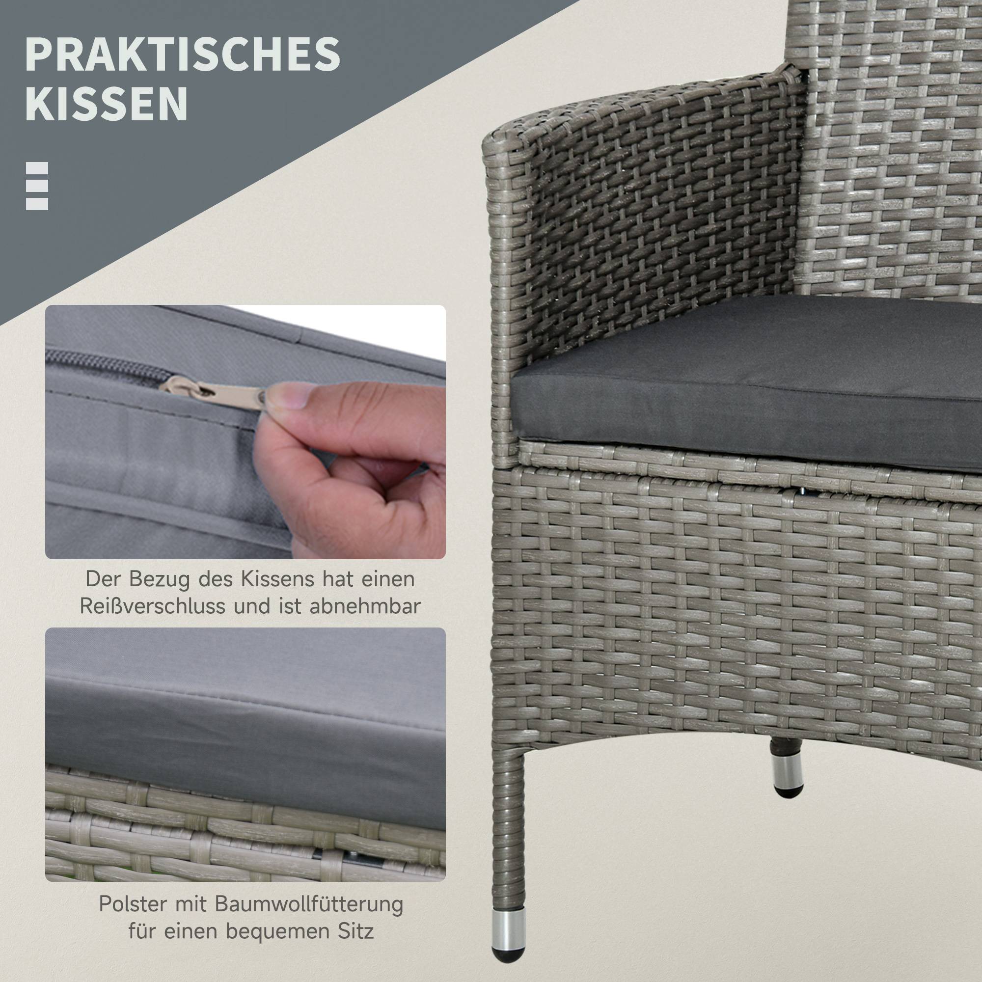 Set de mobilier de jardin 3 pièces avec 2 fauteuils et table en Rattan, Gris - PANGIVO - Image 6