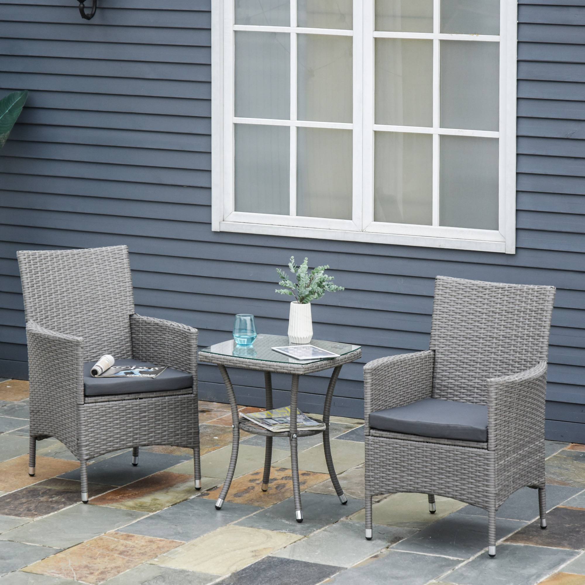 Set de mobilier de jardin 3 pièces avec 2 fauteuils et table en Rattan, Gris - PANGIVO - Image 2