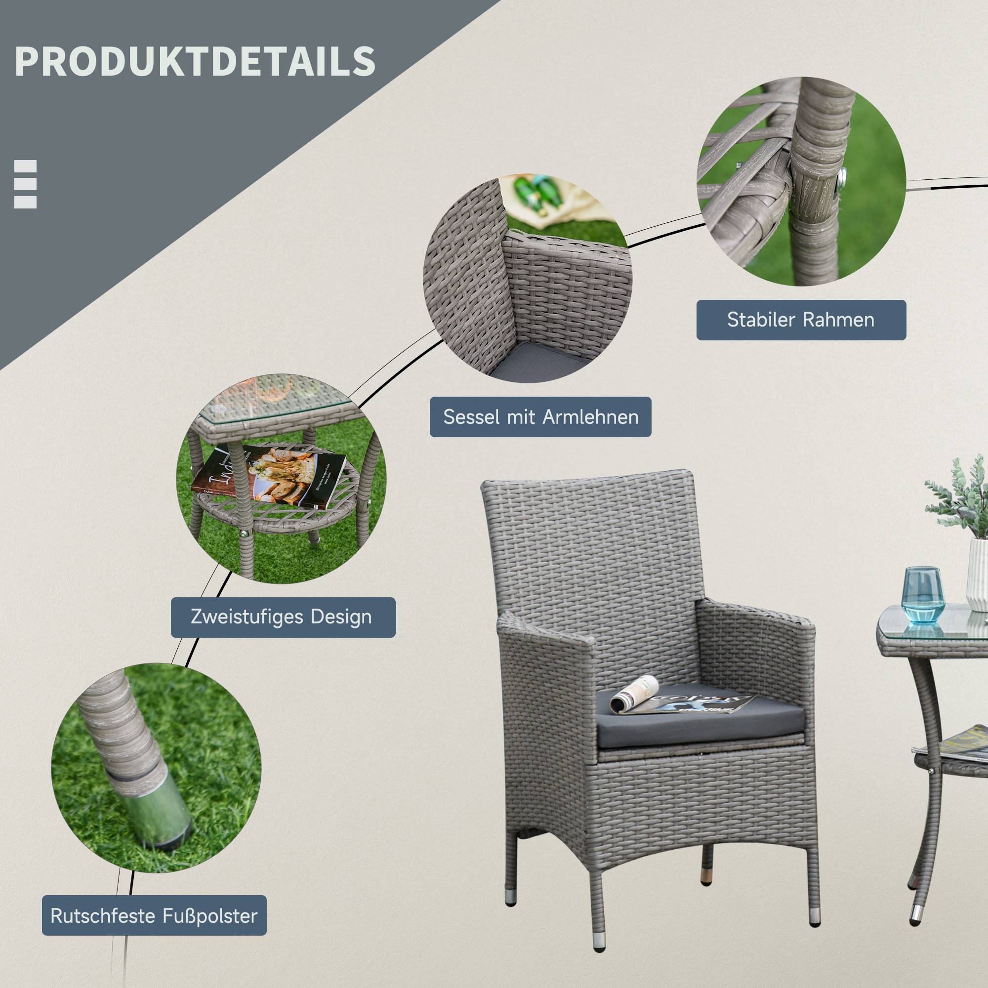 Set de mobilier de jardin 3 pièces avec 2 fauteuils et table en Rattan, Gris - PANGIVO - Image 5
