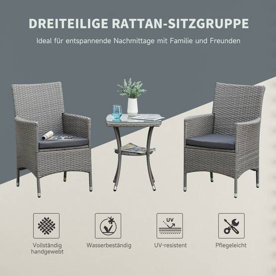 Set de mobilier de jardin 3 pièces avec 2 fauteuils et table en Rattan, Gris - PANGIVO - Image 4