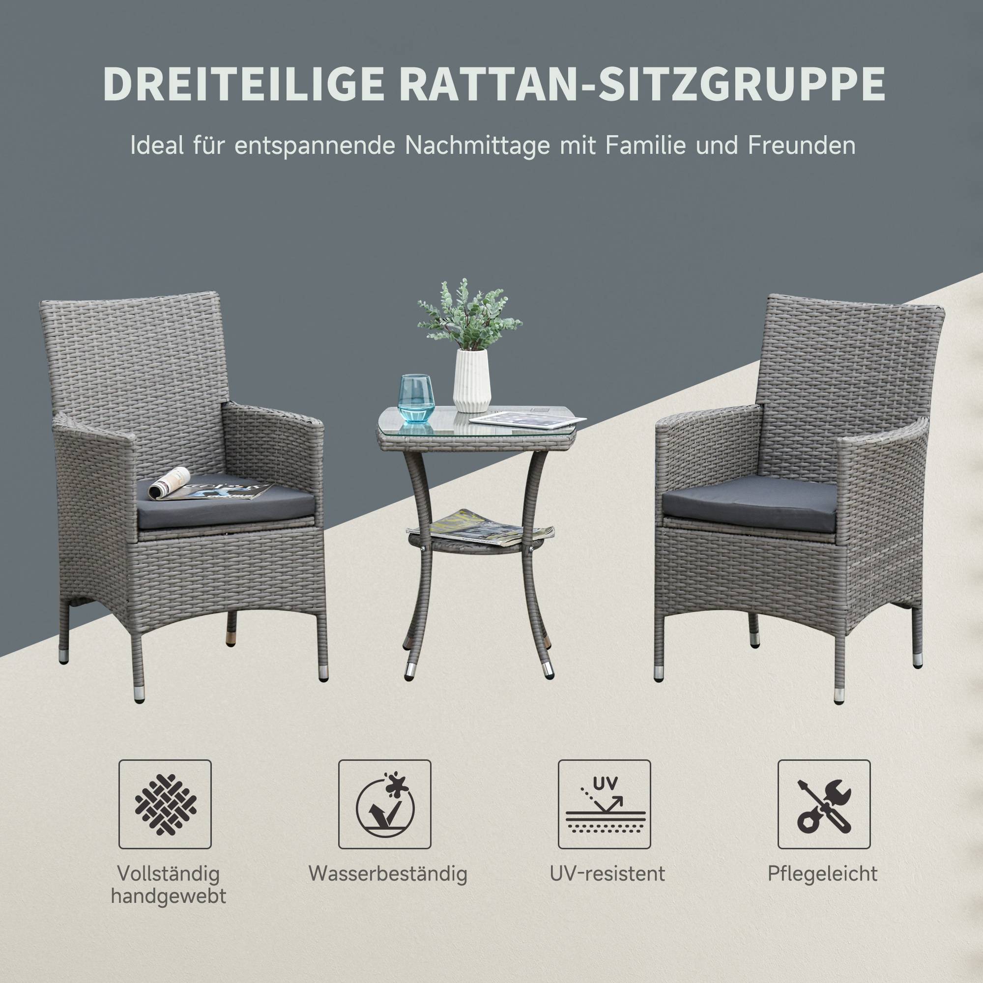 Set de mobilier de jardin 3 pièces avec 2 fauteuils et table en Rattan, Gris - PANGIVO - Image 4