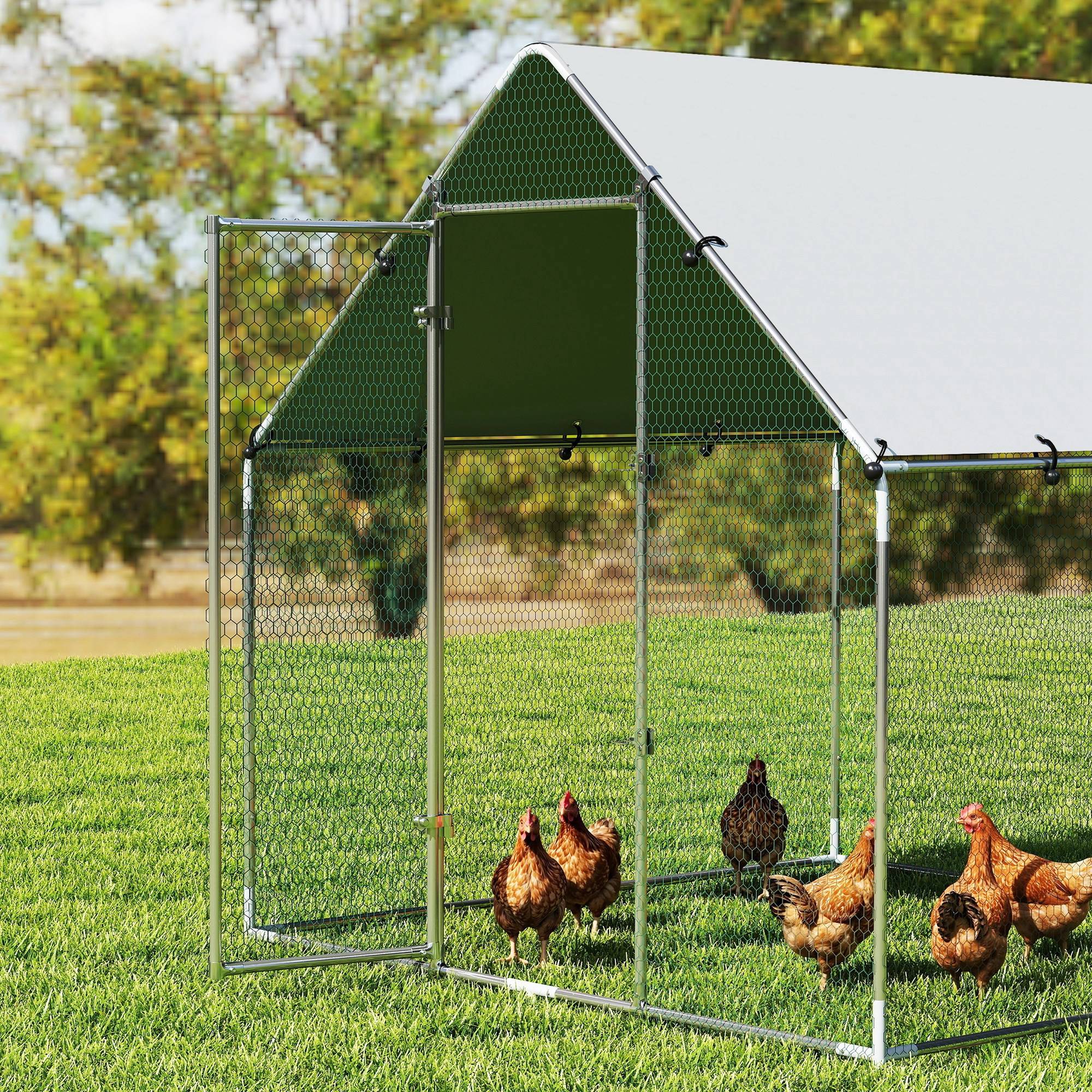 Parc grillagé extérieur acier galvanisé 4m² 4-6 poules bâche imperméable 200x200x200cm argent - ComfortXL Outdoor Living - Image 10