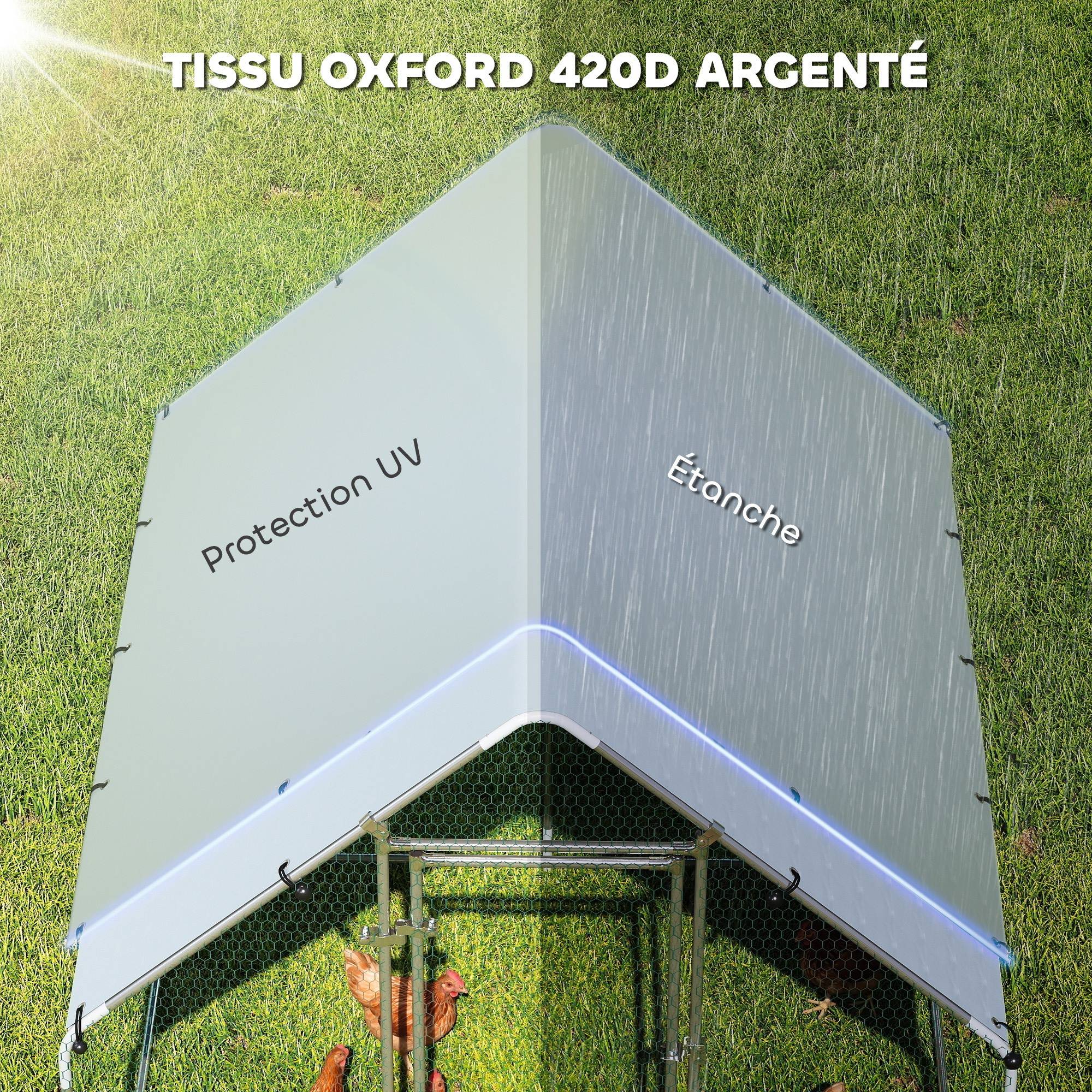 Parc grillagé extérieur acier galvanisé 4m² 4-6 poules bâche imperméable 200x200x200cm argent - ComfortXL Outdoor Living - Image 9