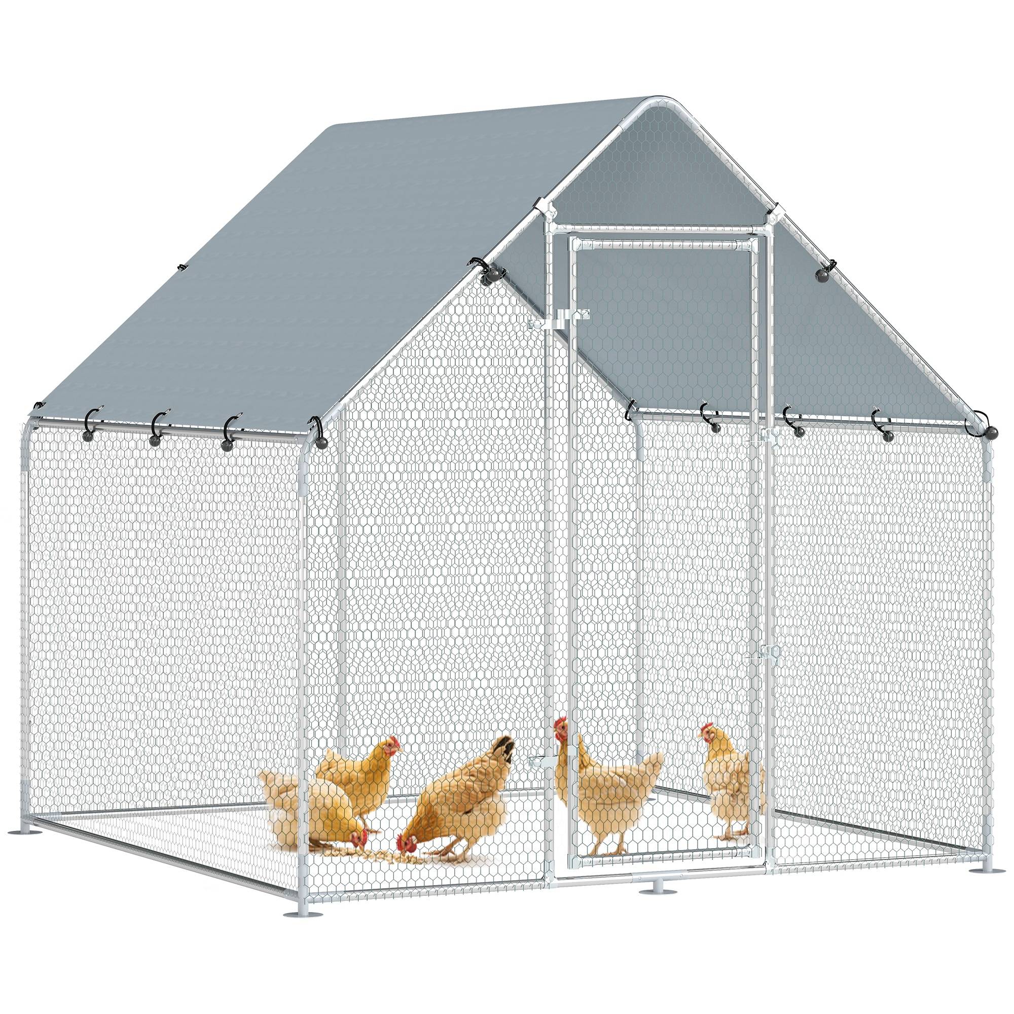 Parc grillagé extérieur acier galvanisé 4m² 4-6 poules bâche imperméable 200x200x200cm argent - ComfortXL Outdoor Living - Image 1