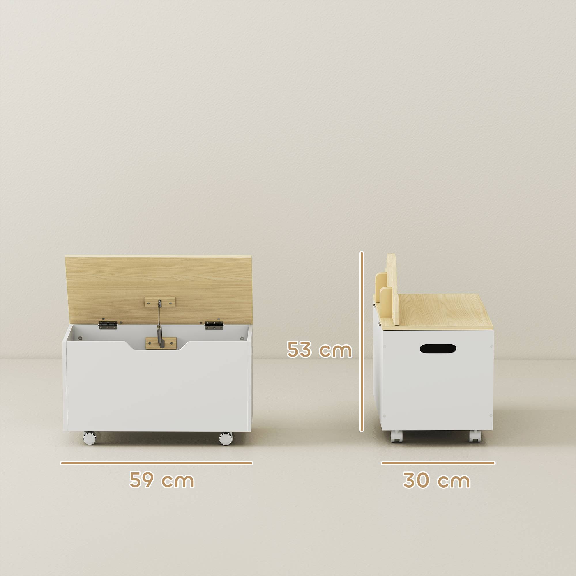 Coffre à jouets pour enfants à roulettes, couvercle à charnière avec loquet de sécurité, motif nuage, blanc et naturel - Image 5
