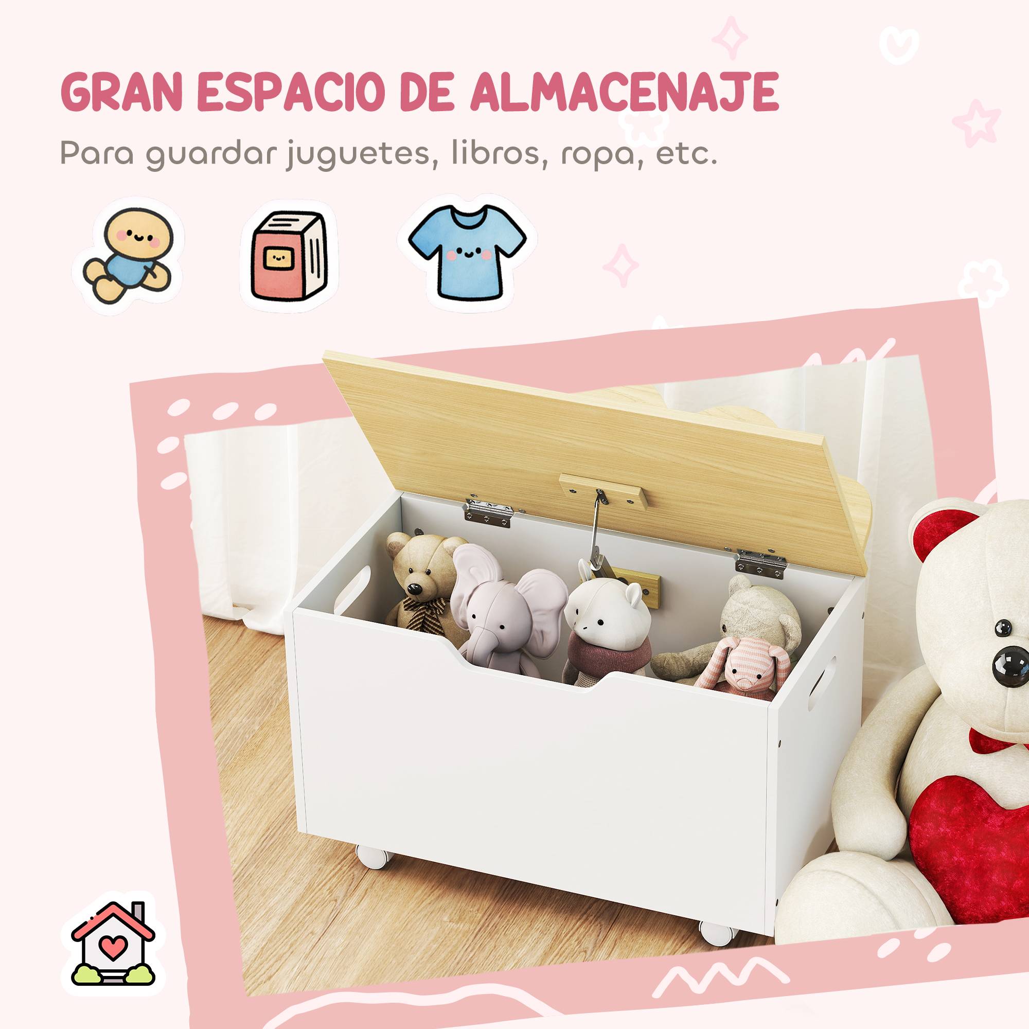 Coffre à jouets pour enfants à roulettes, couvercle à charnière avec loquet de sécurité, motif nuage, blanc et naturel - Image 6