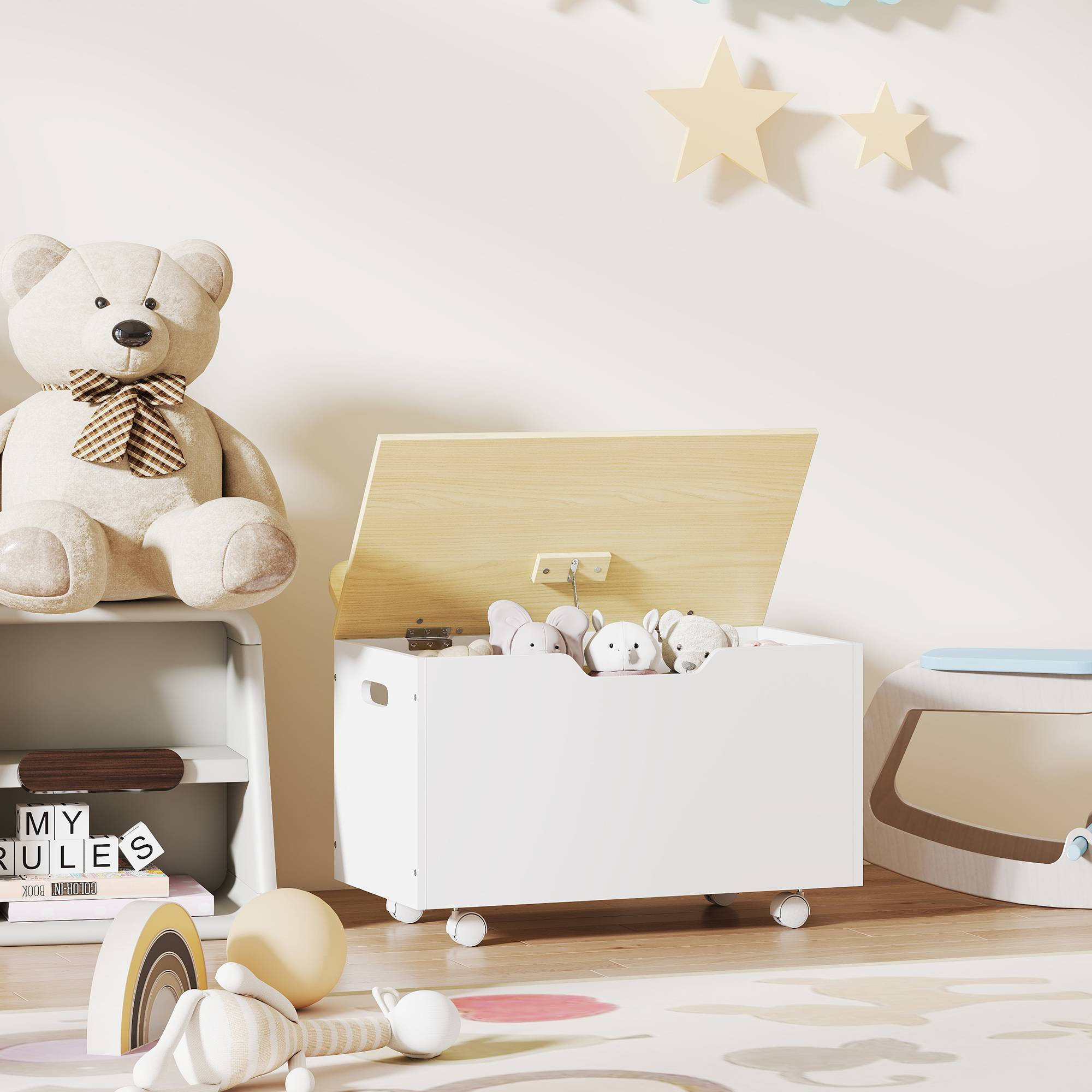 Coffre à jouets pour enfants à roulettes, couvercle à charnière avec loquet de sécurité, motif nuage, blanc et naturel - Image 10