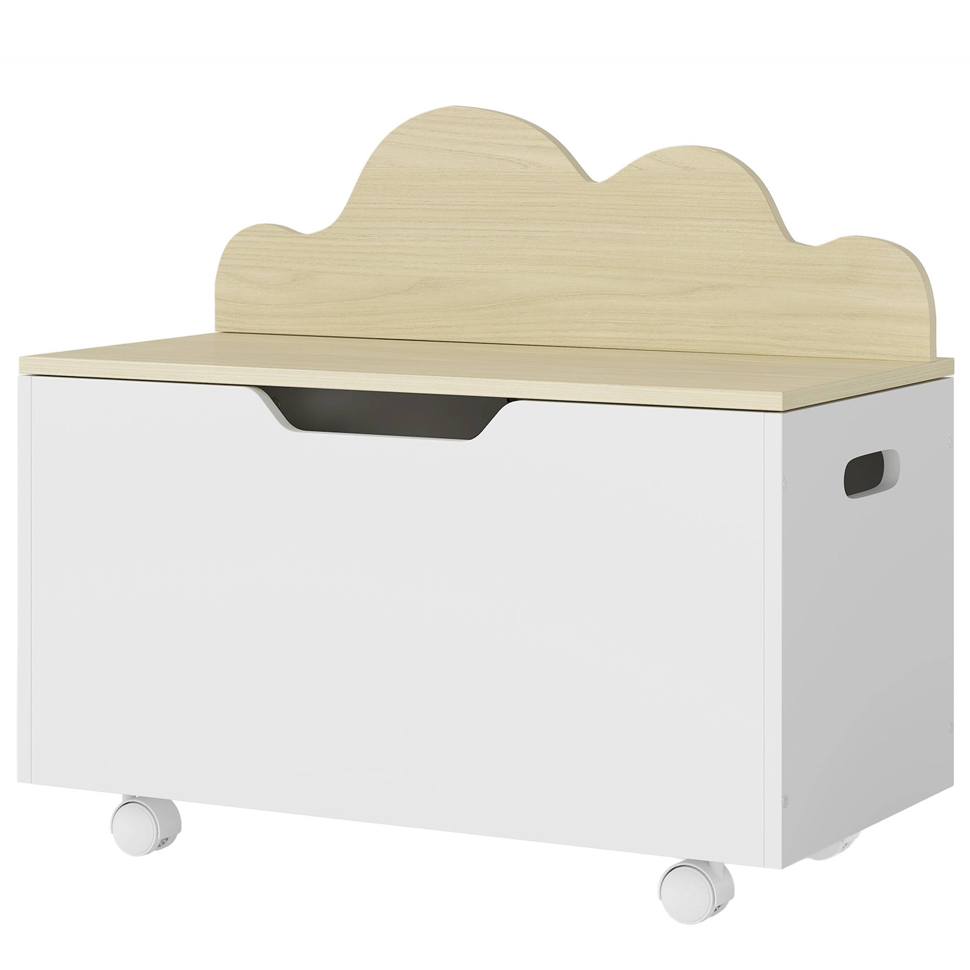 Coffre à jouets pour enfants à roulettes, couvercle à charnière avec loquet de sécurité, motif nuage, blanc et naturel - Image 2