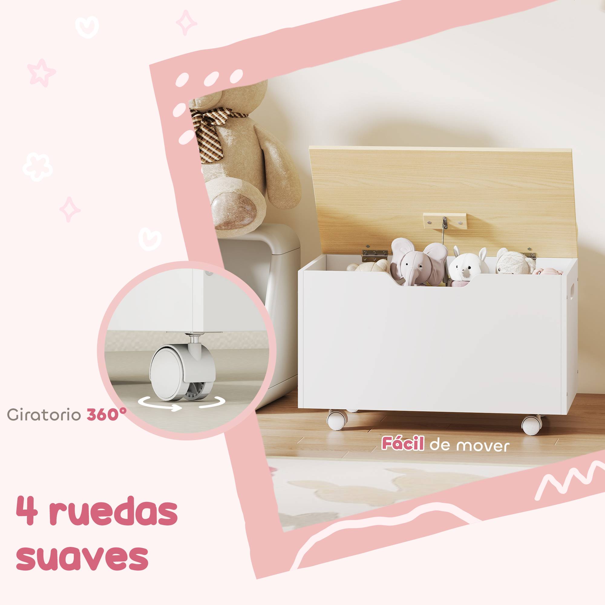 Coffre à jouets pour enfants à roulettes, couvercle à charnière avec loquet de sécurité, motif nuage, blanc et naturel - Image 7