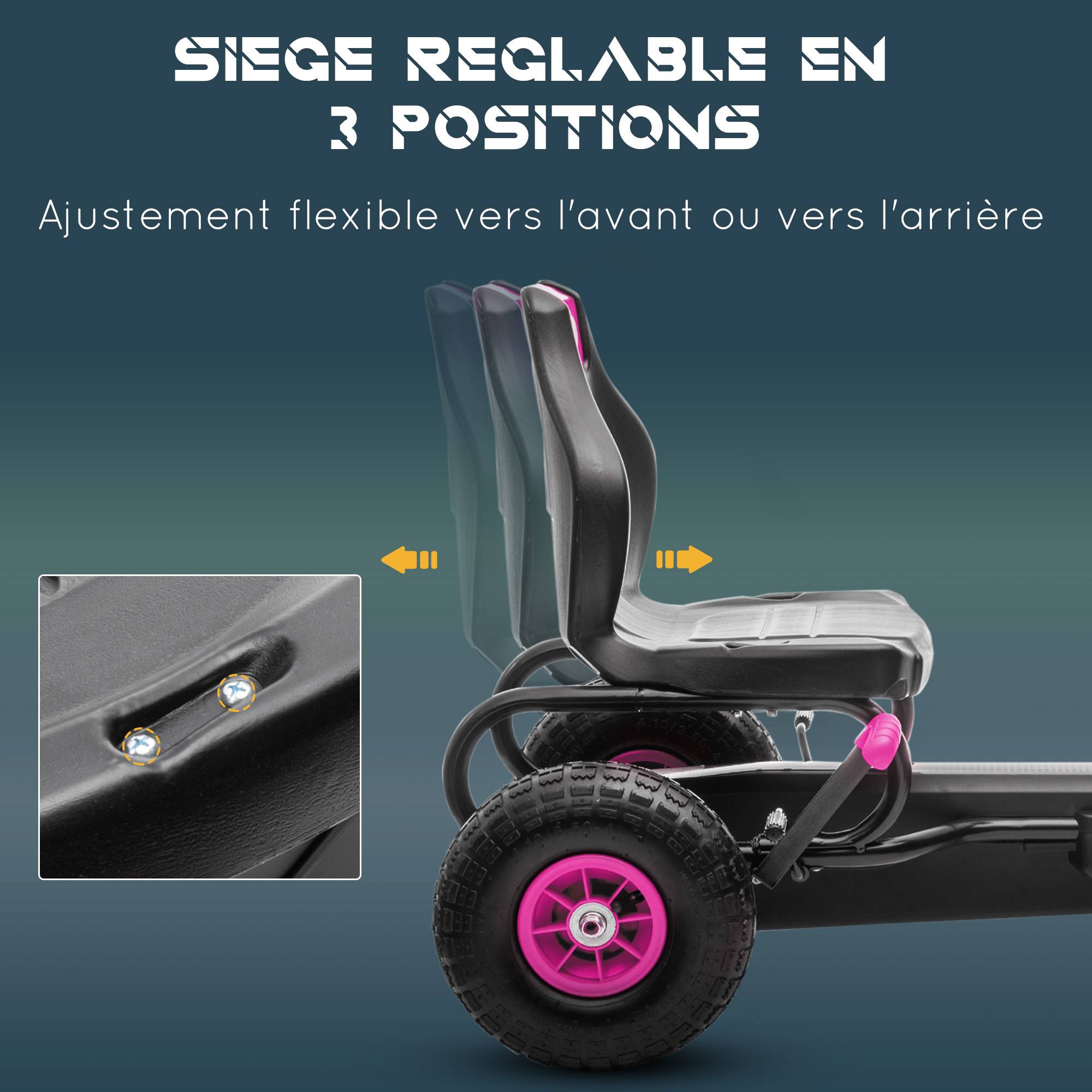 Kart à pédales pour enfant siège réglable 3 positions frein à main enfant de 5 à 12 ans rose noir - Image 6