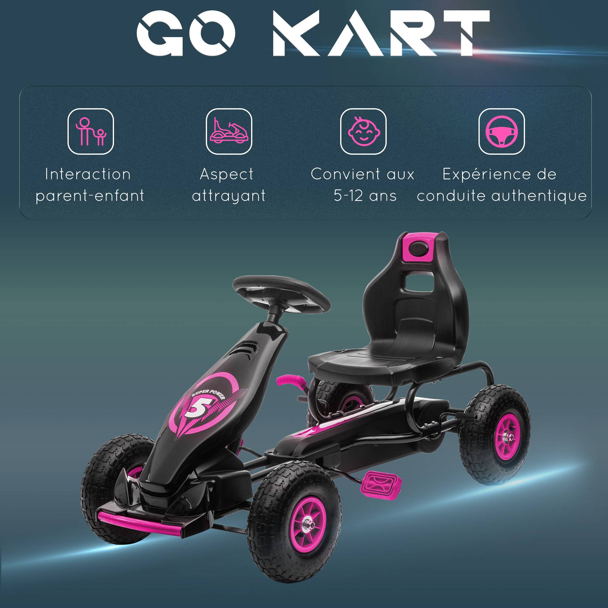 Kart à pédales pour enfant siège réglable 3 positions frein à main enfant de 5 à 12 ans rose noir - Image 10