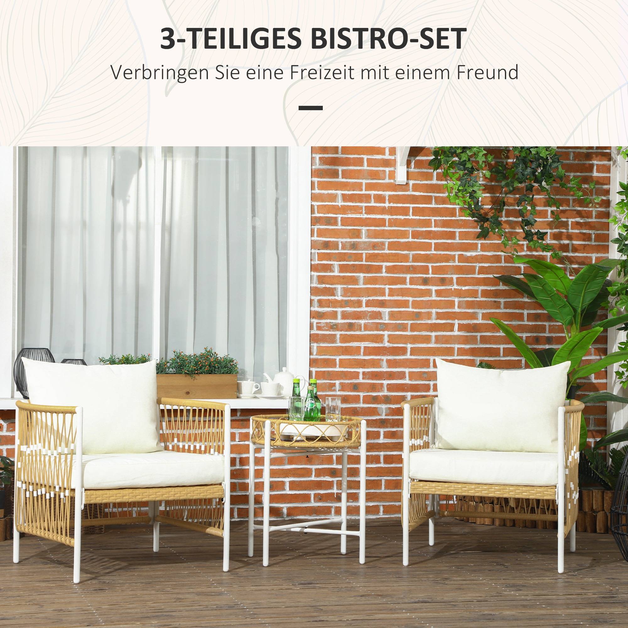 ComfortXL - Salon de jardin 3 pièces résine tressée jaune crème fauteuils table ronde pour balcon terrasse extérieur - Image 4