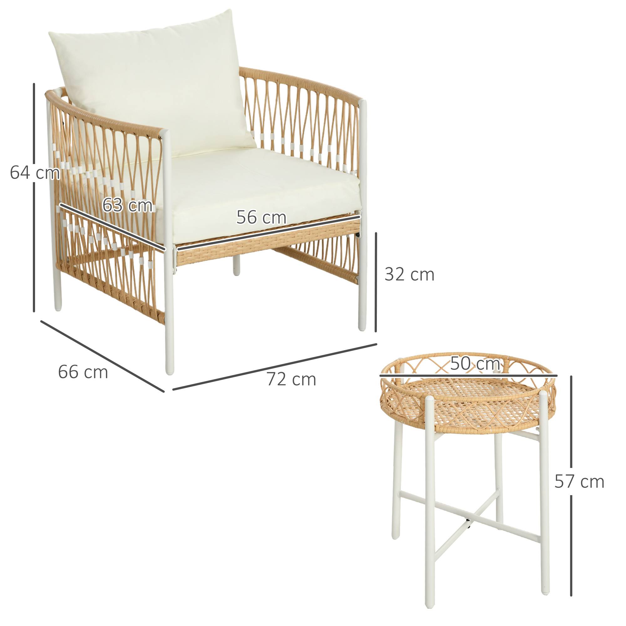 ComfortXL - Salon de jardin 3 pièces résine tressée jaune crème fauteuils table ronde pour balcon terrasse extérieur - Image 3