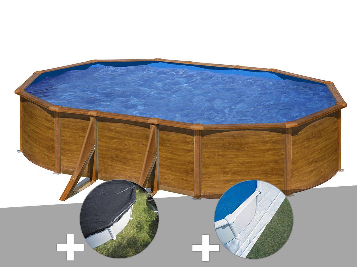 Gré - Kit piscine acier aspect bois Gré Pacific ovale 6,34 x 3,99 x 1,22 m + Bâche d'hivernage + Tapis de sol