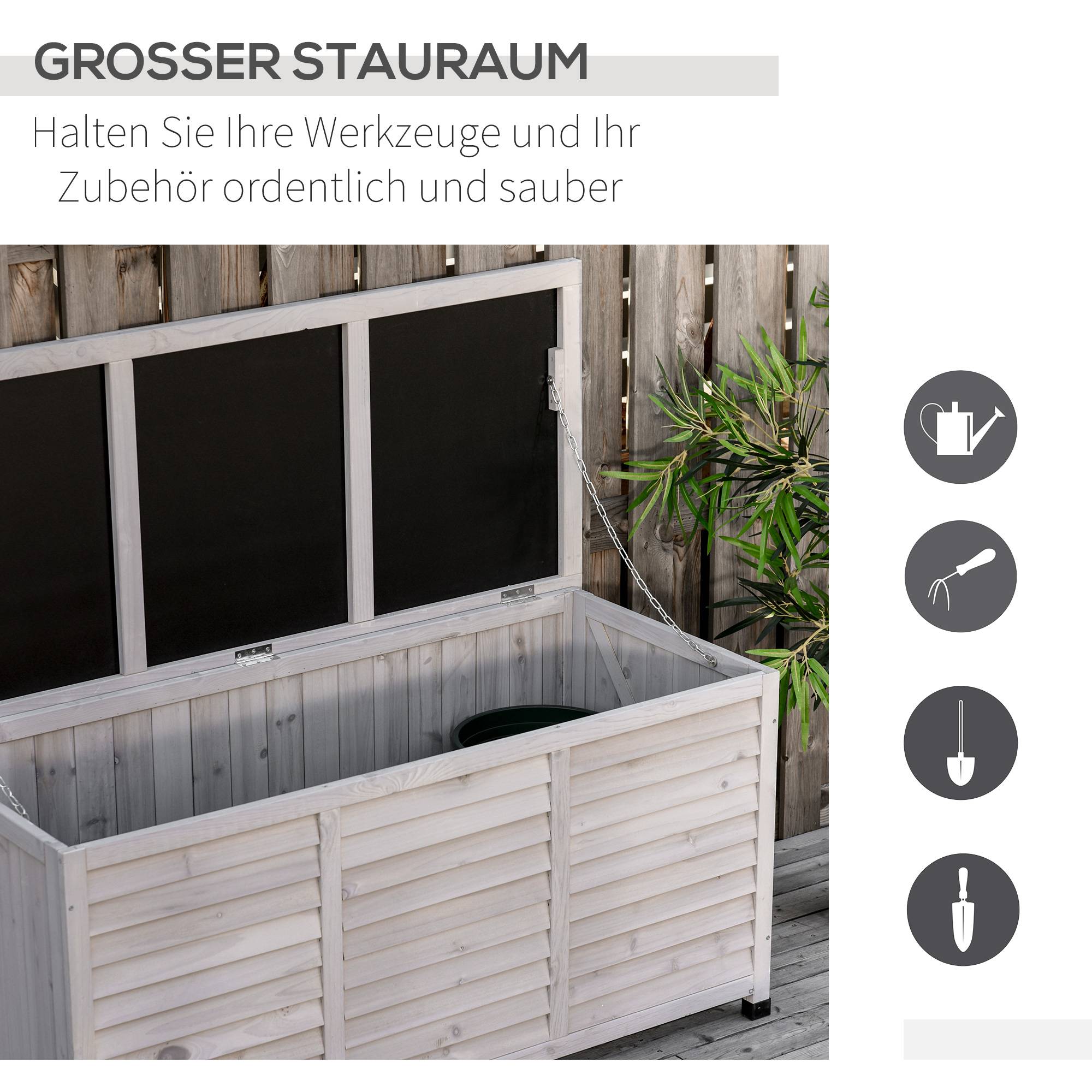 ComfortXL - Coffre Rangement Jardin Bois Sapin Banc Assise Extérieur Étanche 127cm Gris - ComfortXL Outdoor Living - Image 5