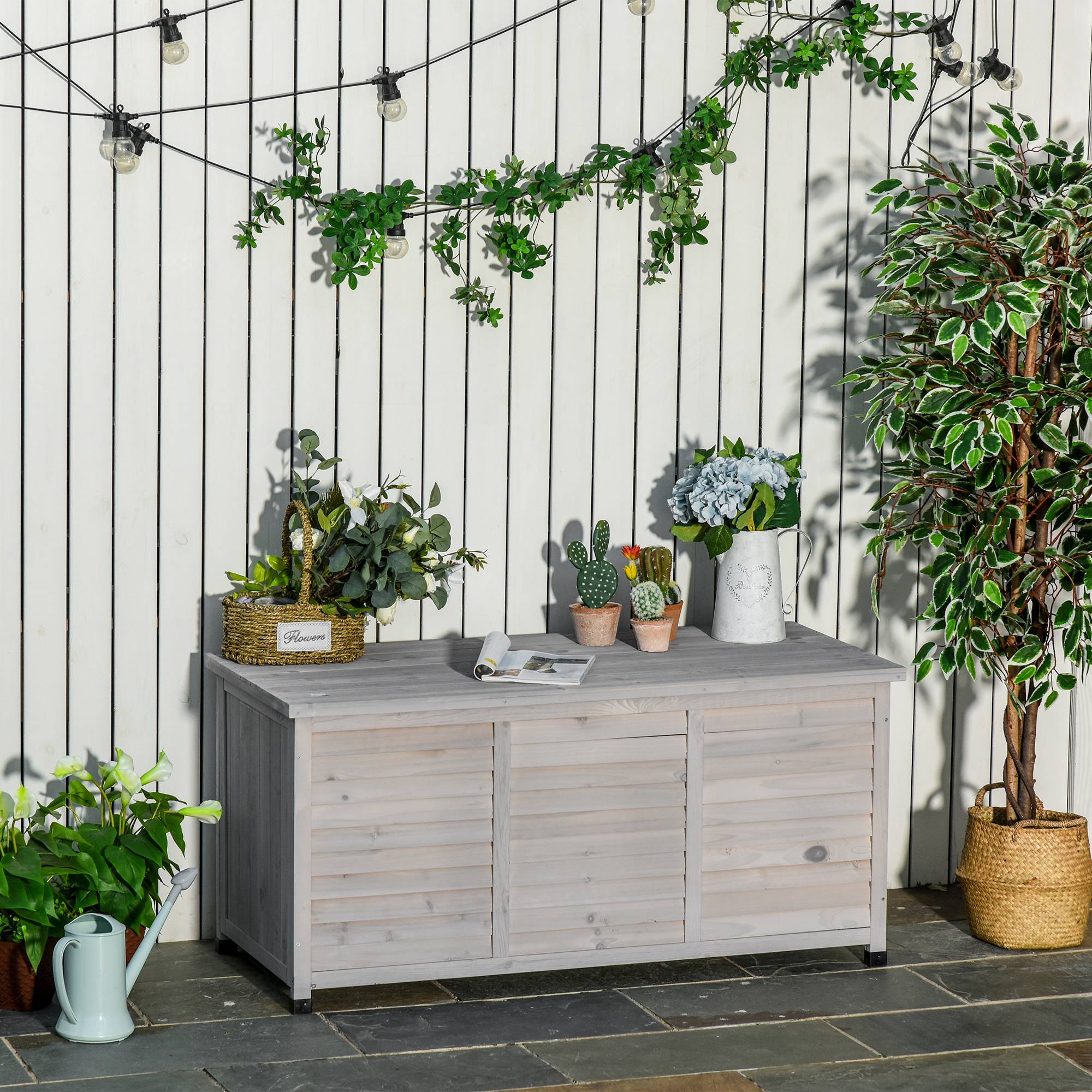 ComfortXL - Coffre Rangement Jardin Bois Sapin Banc Assise Extérieur Étanche 127cm Gris - ComfortXL Outdoor Living - Image 1