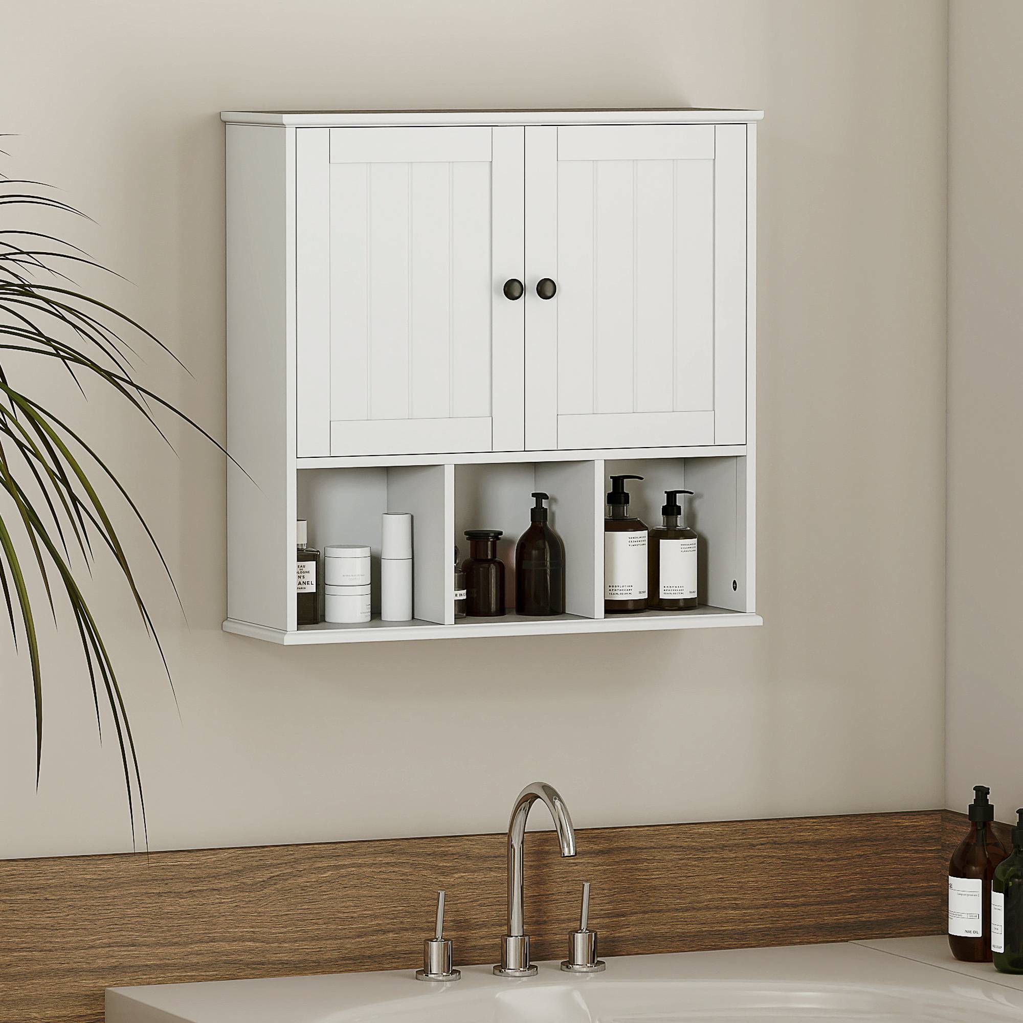 Sans Marque - Armoire murale salle bain rangement 2 portes étagère réglable compartiments ouverts blanc - Image 4