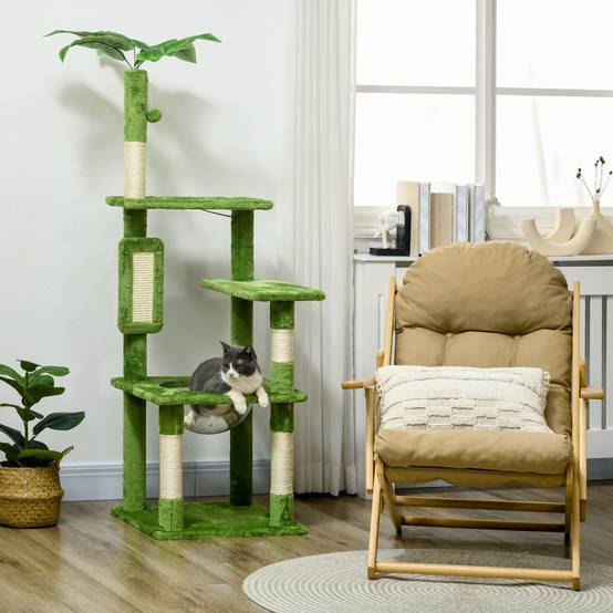 Arbre à chat multiniveaux bois peluche avec hamac grattoir sisal 49x49x142cm vert - ComfortXL Outdoor Living - Image 4