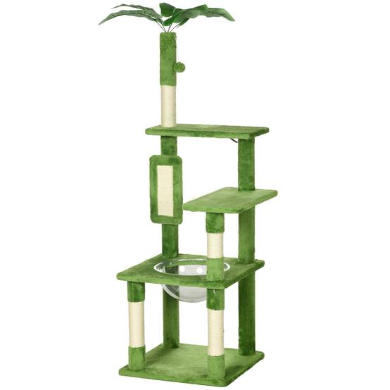 Arbre à chat multiniveaux bois peluche avec hamac grattoir sisal 49x49x142cm vert - ComfortXL Outdoor Living - Image 2