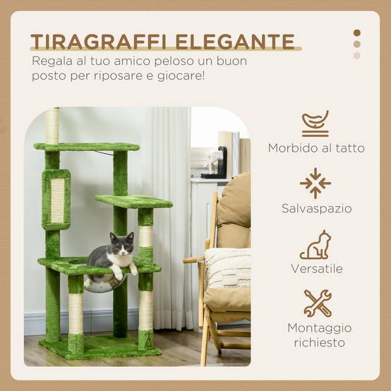 Arbre à chat multiniveaux bois peluche avec hamac grattoir sisal 49x49x142cm vert - ComfortXL Outdoor Living - Image 6