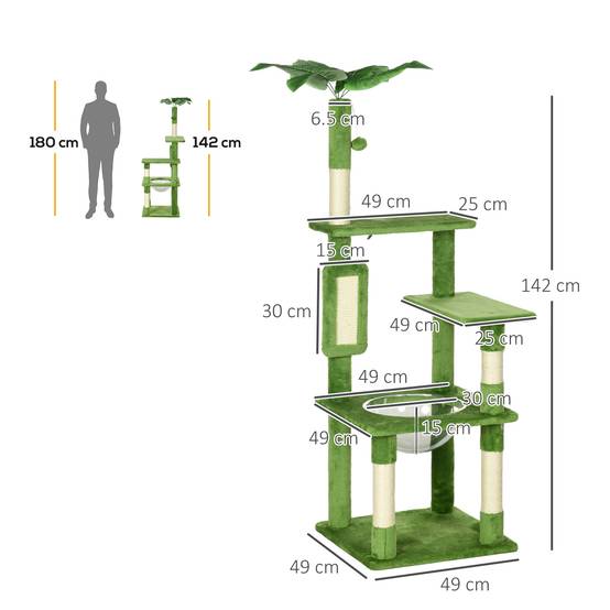 Arbre à chat multiniveaux bois peluche avec hamac grattoir sisal 49x49x142cm vert - ComfortXL Outdoor Living - Image 5