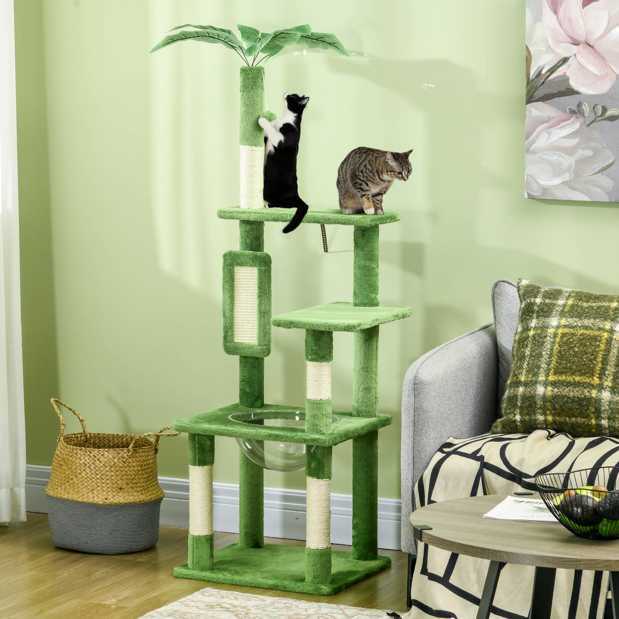 Arbre à chat multiniveaux bois peluche avec hamac grattoir sisal 49x49x142cm vert - ComfortXL Outdoor Living - Image 3