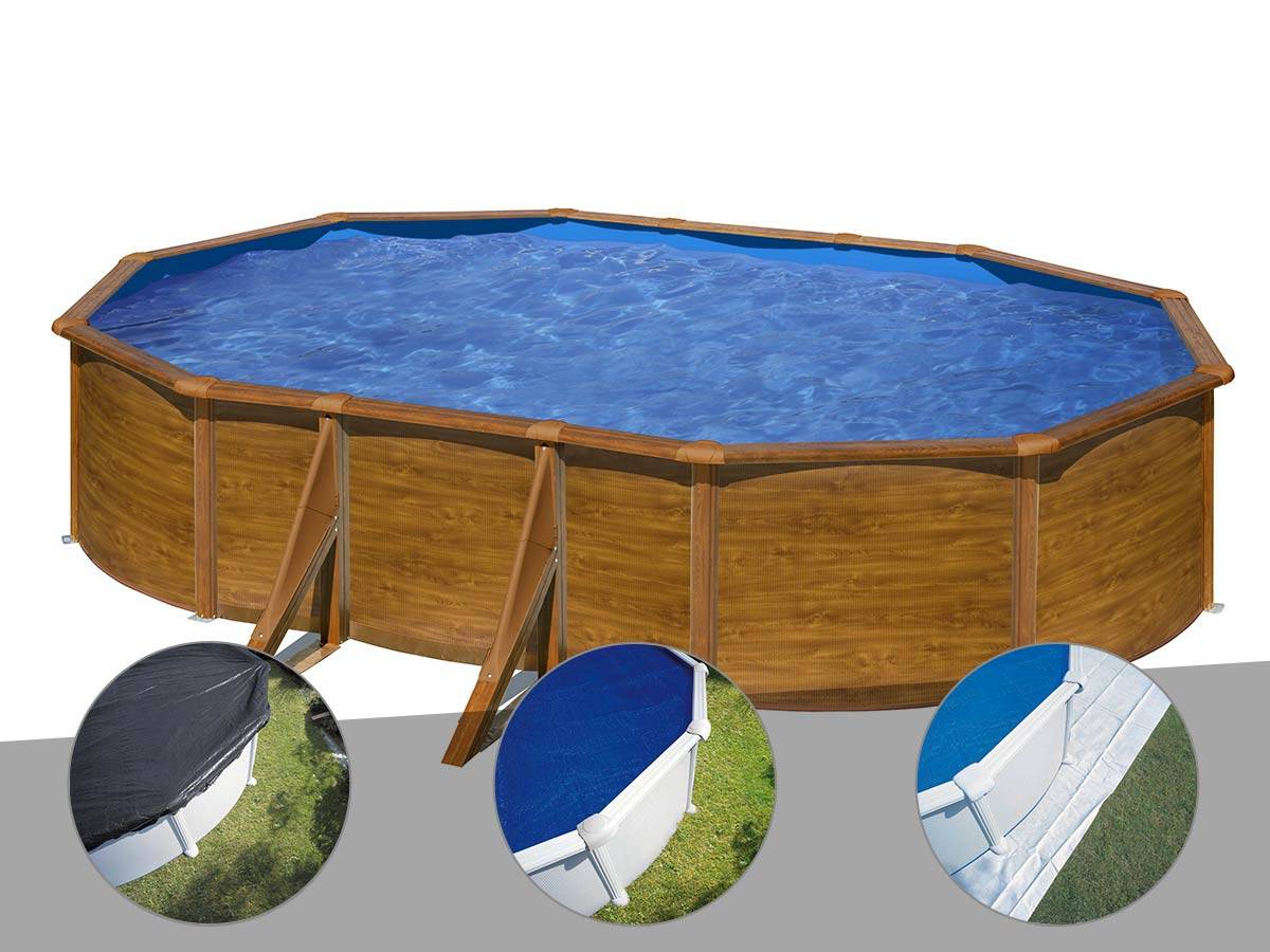 Gré - Kit piscine acier aspect bois Gré Pacific ovale 6,34 x 3,99 x 1,22 m + Bâche d'hivernage + Bâche à bulles + Tapis de sol