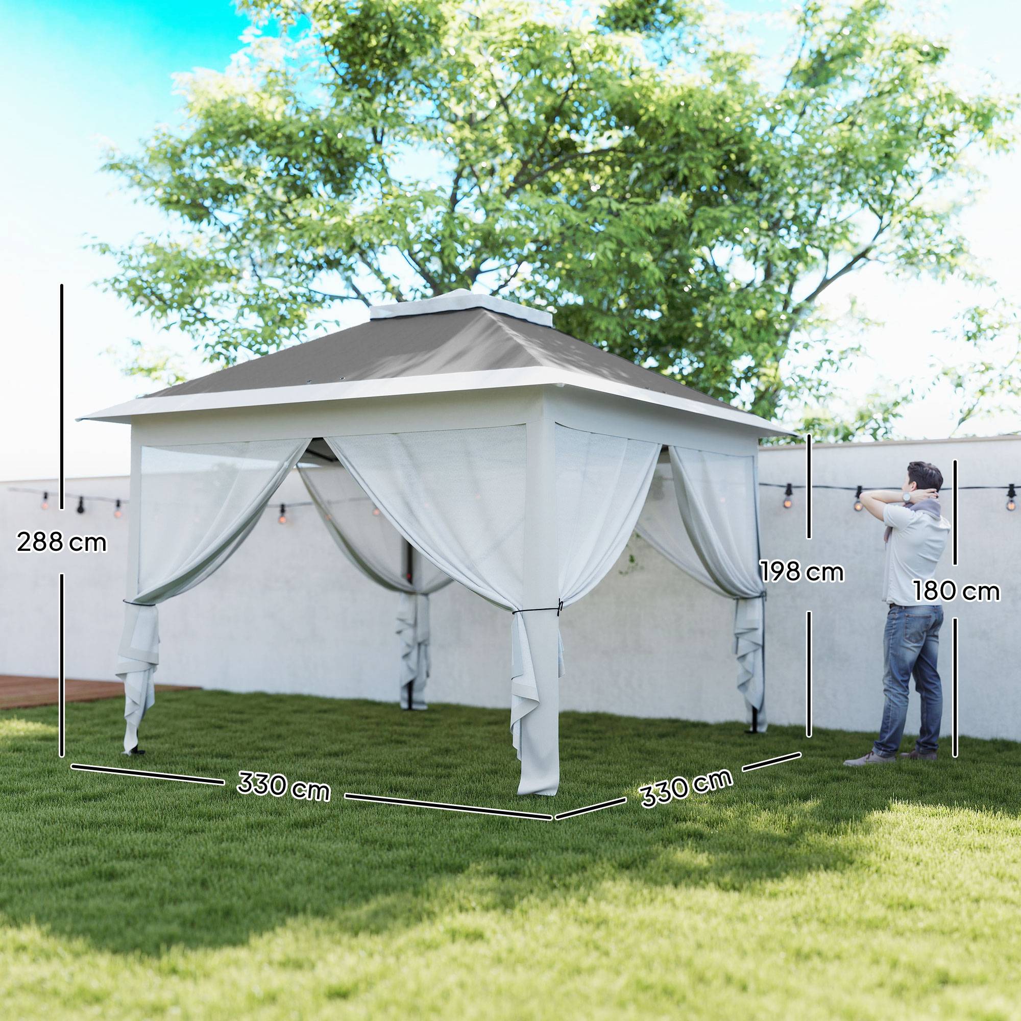 ComfortXL - Tonnelle pliante pop-up métal jardin double toit avec moustiquaires 3,3 x 3,3 m gris - ComfortXL Outdoor Living - Image 5