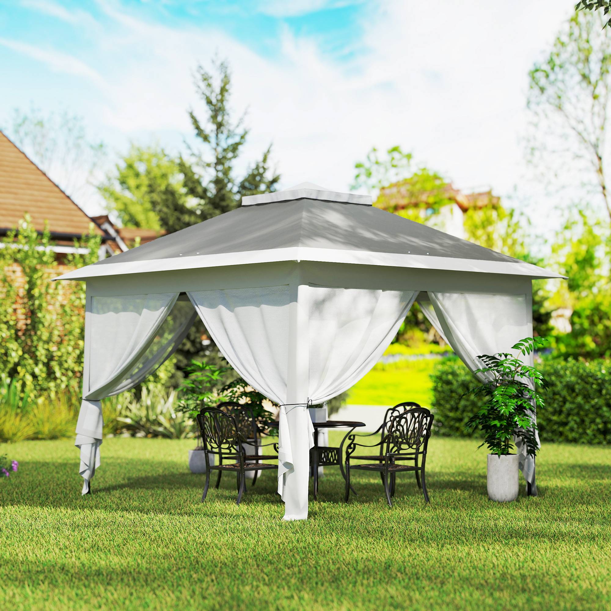 ComfortXL - Tonnelle pliante pop-up métal jardin double toit avec moustiquaires 3,3 x 3,3 m gris - ComfortXL Outdoor Living - Image 4
