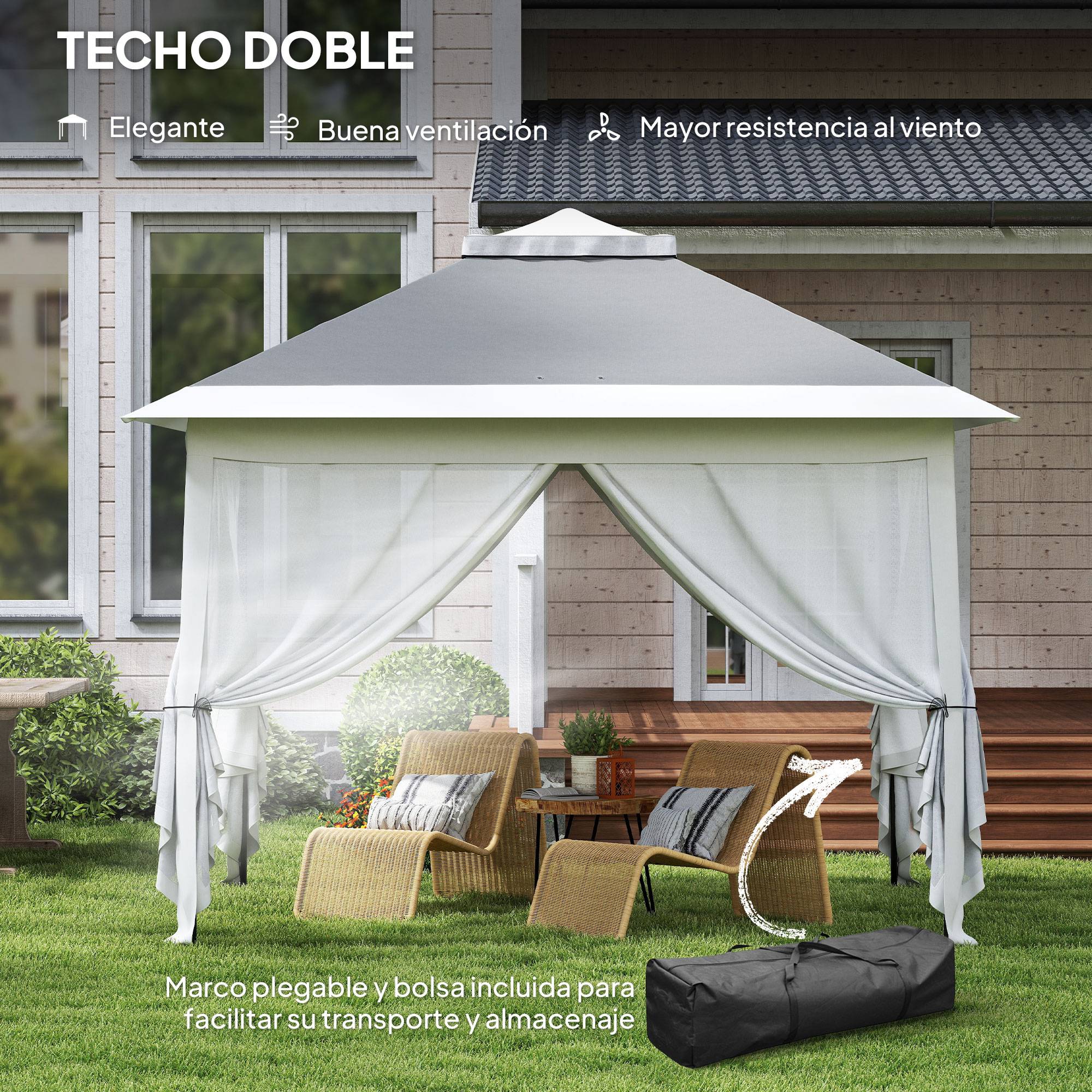 ComfortXL - Tonnelle pliante pop-up métal jardin double toit avec moustiquaires 3,3 x 3,3 m gris - ComfortXL Outdoor Living - Image 6