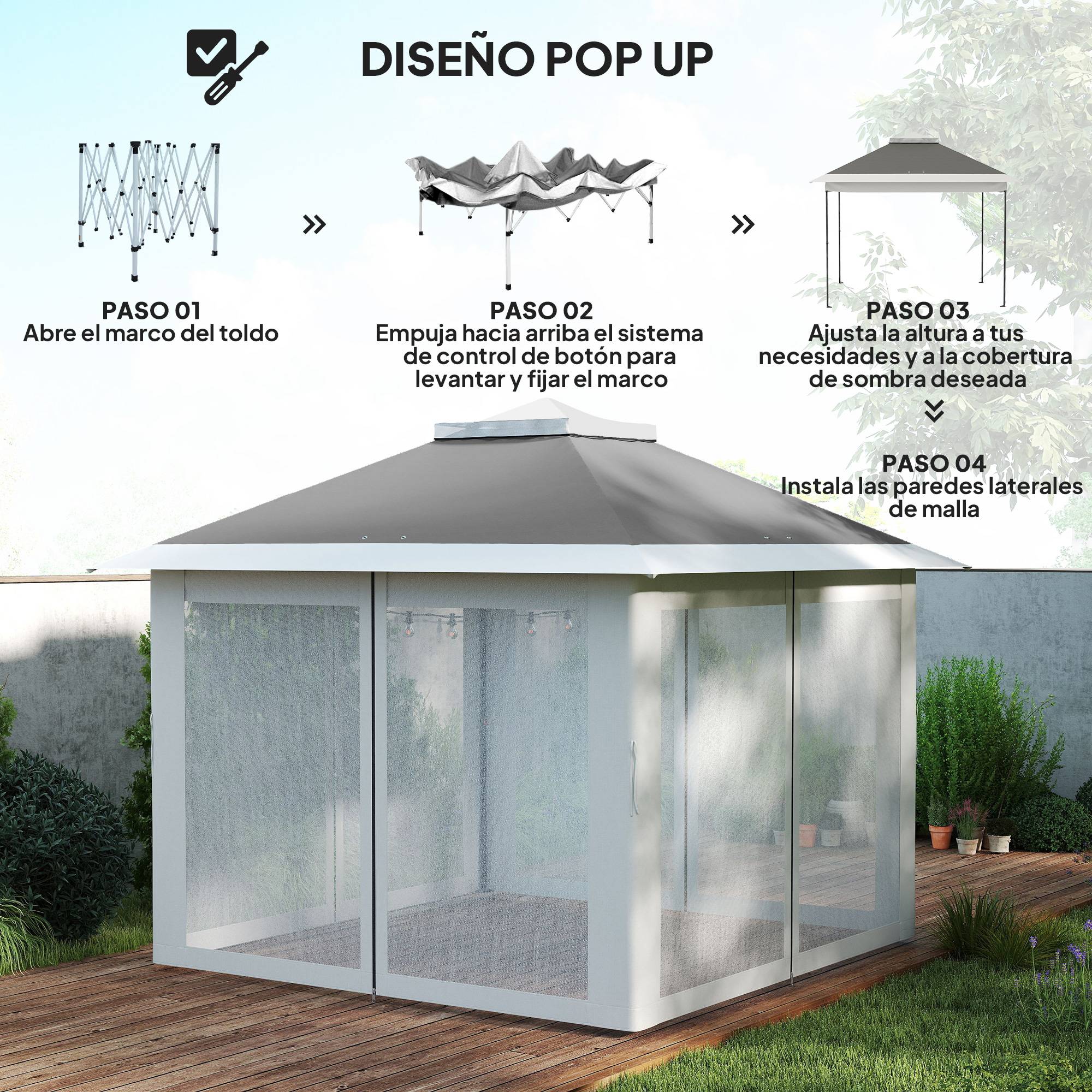 ComfortXL - Tonnelle pliante pop-up métal jardin double toit avec moustiquaires 3,3 x 3,3 m gris - ComfortXL Outdoor Living - Image 7