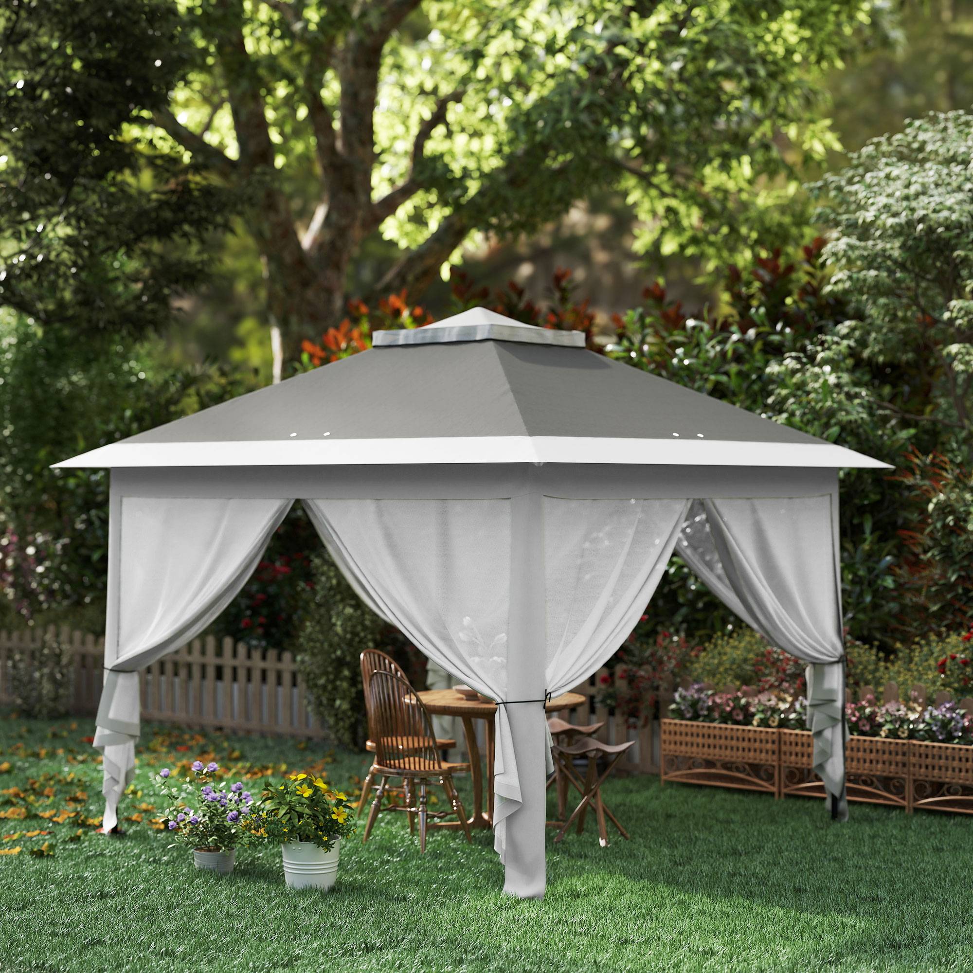 ComfortXL - Tonnelle pliante pop-up métal jardin double toit avec moustiquaires 3,3 x 3,3 m gris - ComfortXL Outdoor Living - Image 10