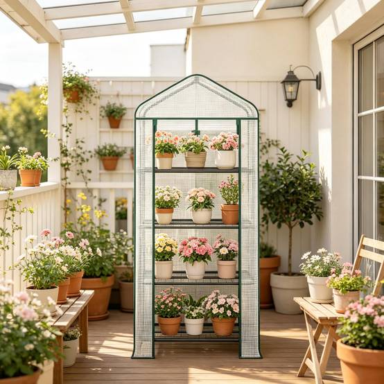 Serre balcon acier PE pour tomates à roulettes avec 4 étagères 70x50x163cm blanc - ComfortXL Outdoor Living - Image 1