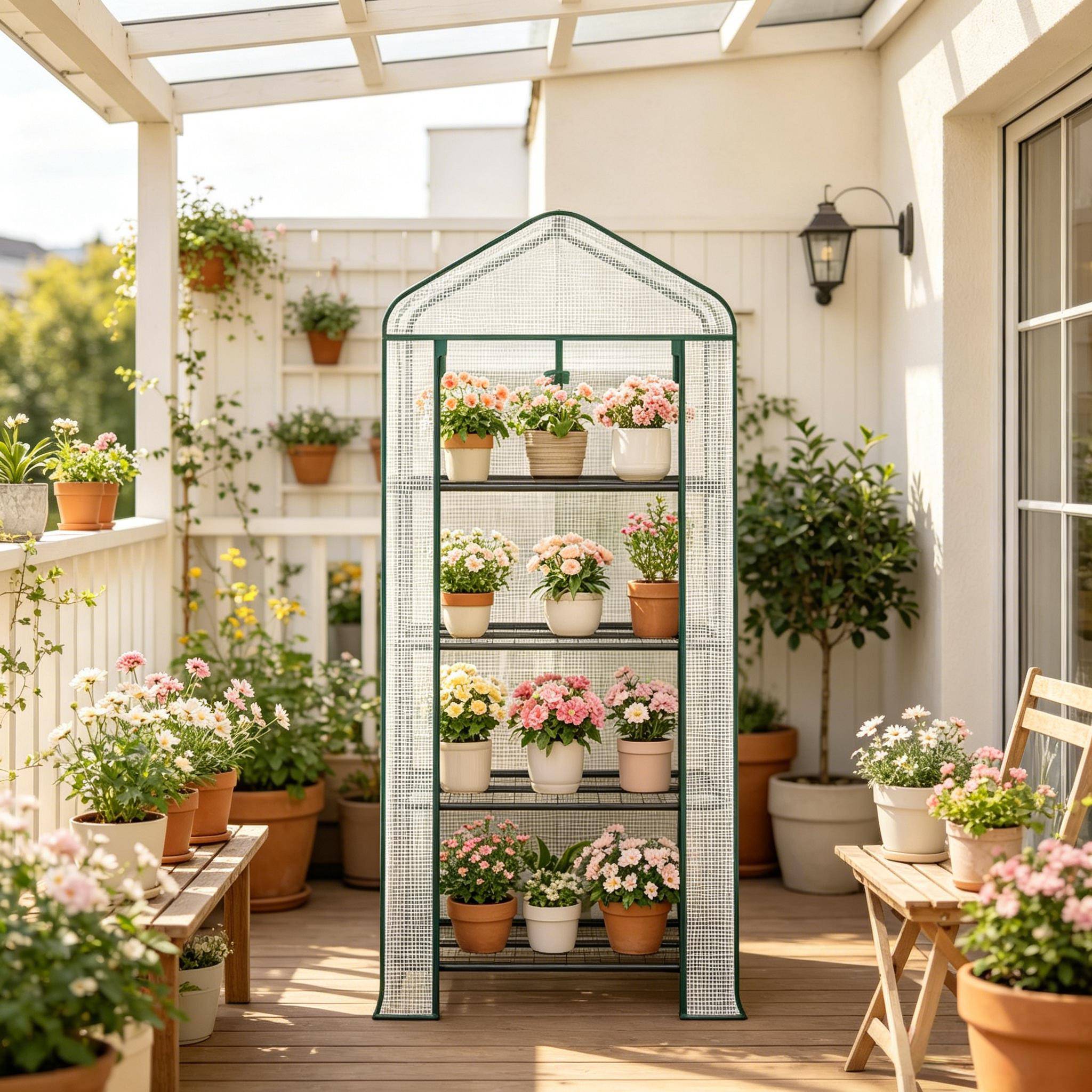 Serre balcon acier PE pour tomates à roulettes avec 4 étagères 70x50x163cm blanc - ComfortXL Outdoor Living