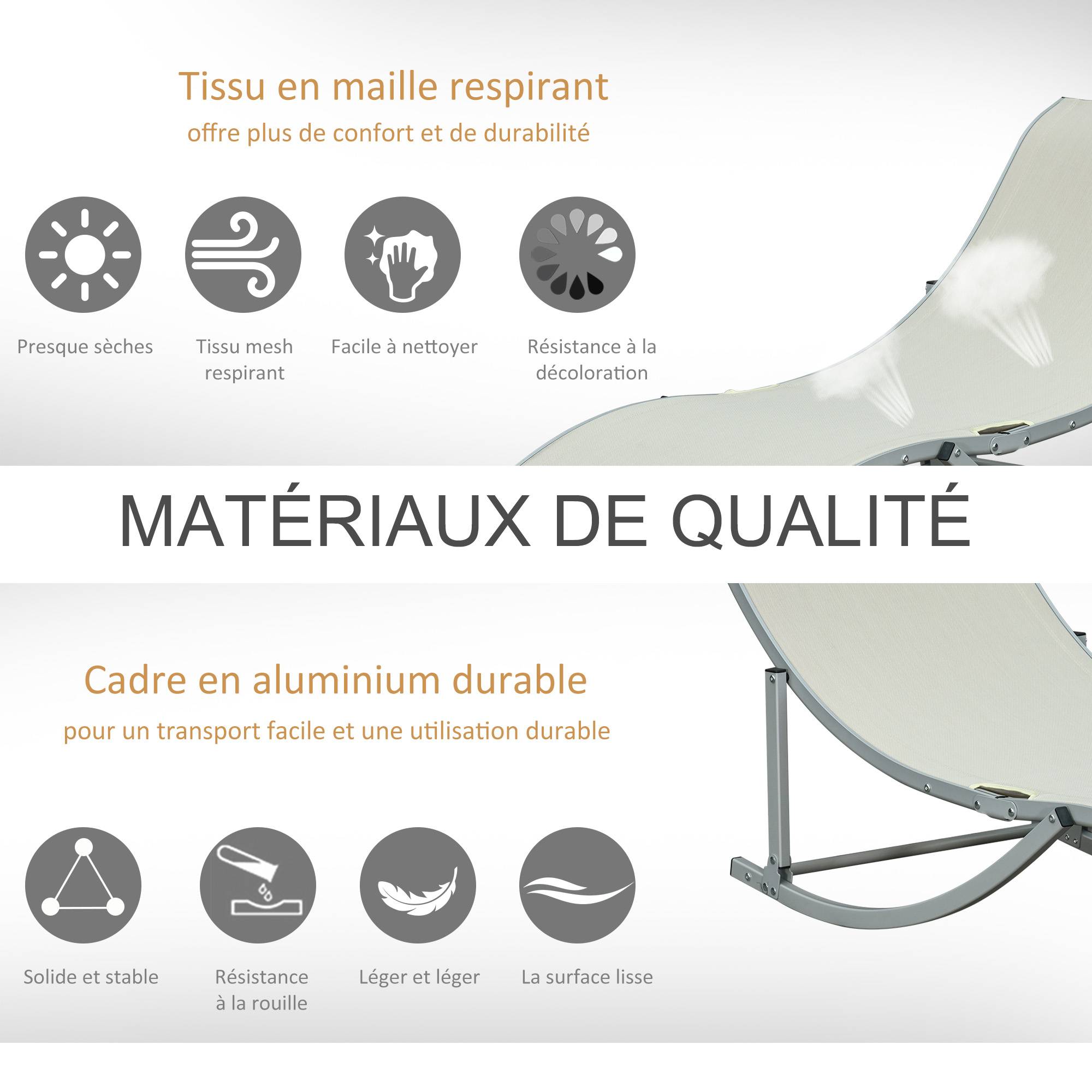 Outsunny - Lot 2 bains de soleil pliables charge 120kg patio terrasse plage aluminium textilène beige - Outsunny - Image 5