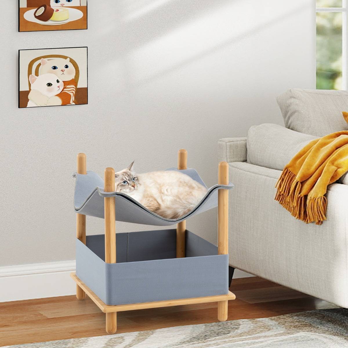 Maison pour Chat en Bois à 2 Niveaux Arbre à Chat Moderne avec Condo Semi-Clos Vêtements Amovibles Espace de Rangement Lit Hamac Élevé Gris - Image 4